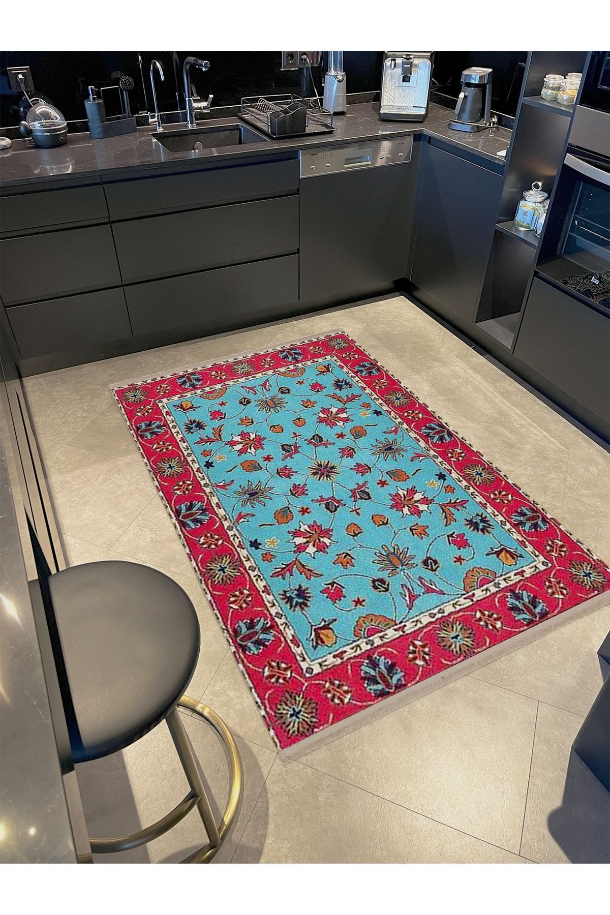 Kemal Koleksiyonu Mavi Temalı Floral ve Geleneksel Desenli Dokuma Taban Vintage Dekoratif Halı 04