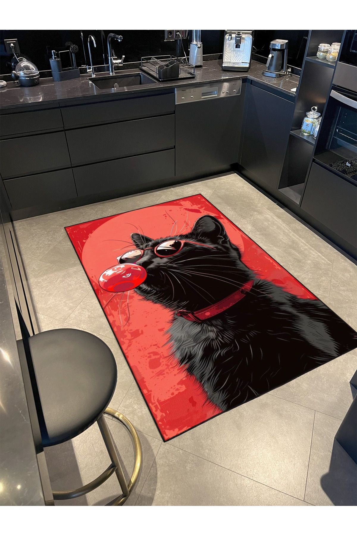 Kedi ev Siyah Sakız Manzaralı Desenli Yıkanabilir Halı miravip8232