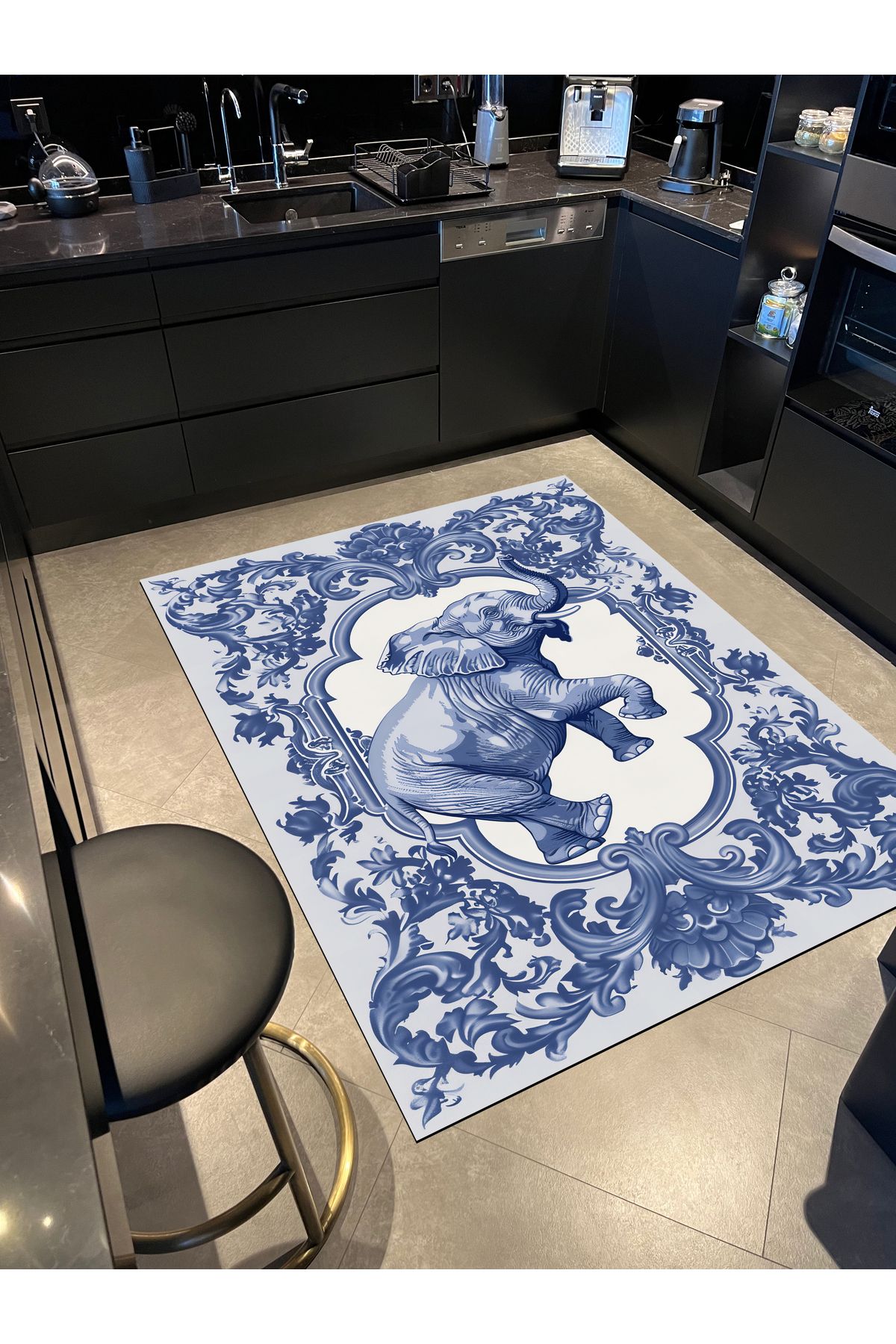 Paris Koleksiyonu Blue Blanc Fil Detaylı Desenli Modern Dekoratif Halı paris14