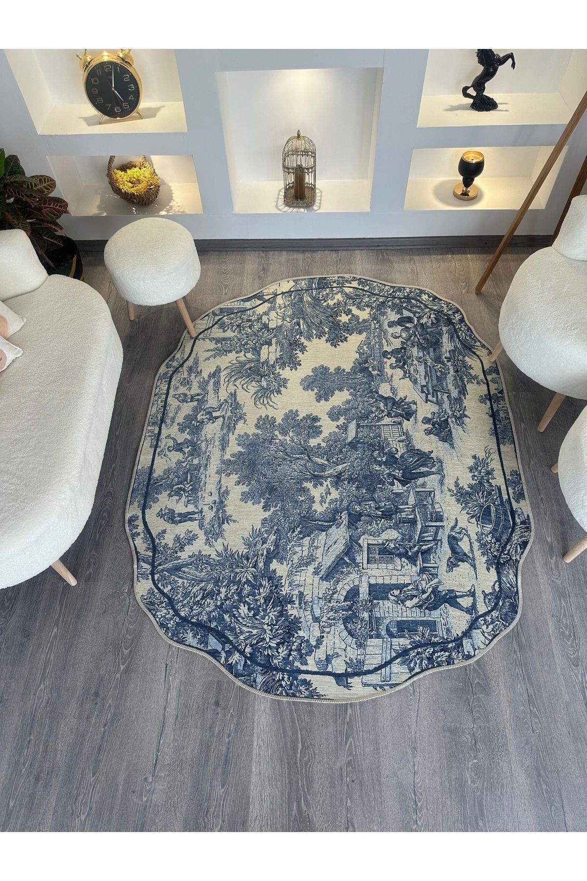 Série Vintage Blue Blanc Mavi Bej Desenli Dokuma Taban Dekoratif Halı vintage02