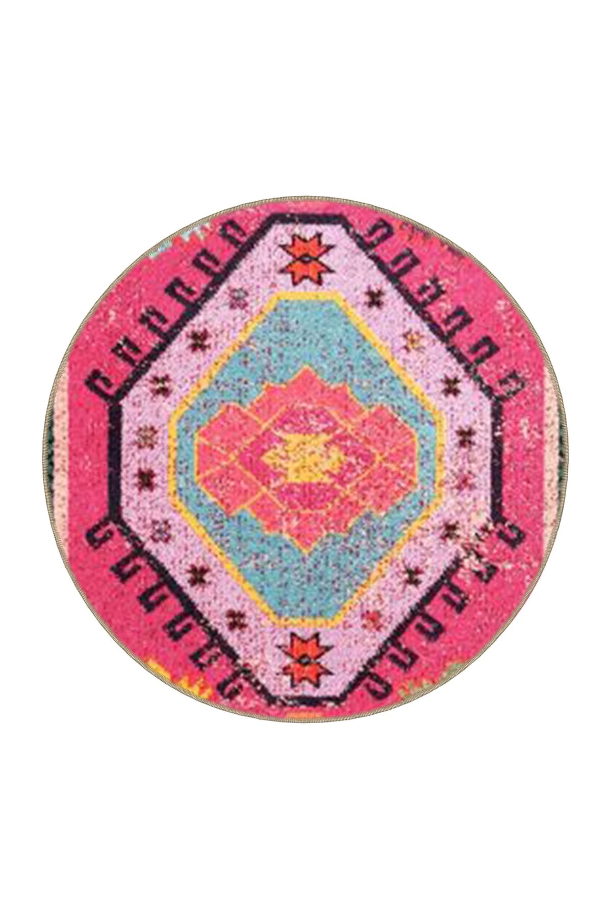Pembe Temalı Çok Renkli Motifli Etnik Desenli Vintage Dekoratif Halı 3594