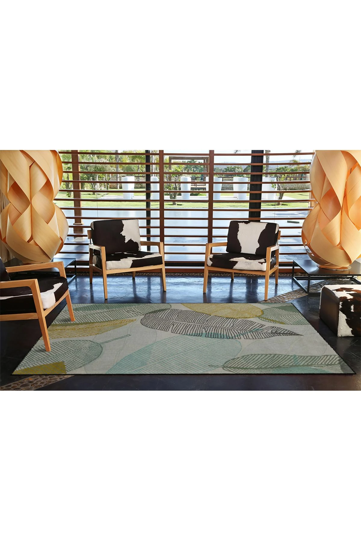 Yeşil ve Gri Renkli Yapraklı Desenli Dokuma Taban Halı miravip313