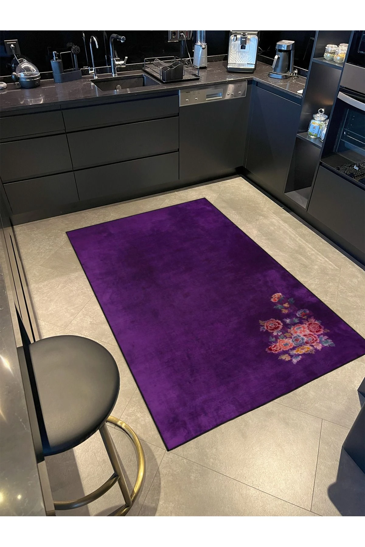 Floral Kapalı Renkte Mor Renkli Desenli Dokuma Taban Halı ve Yıkanabilir Halı aloha183