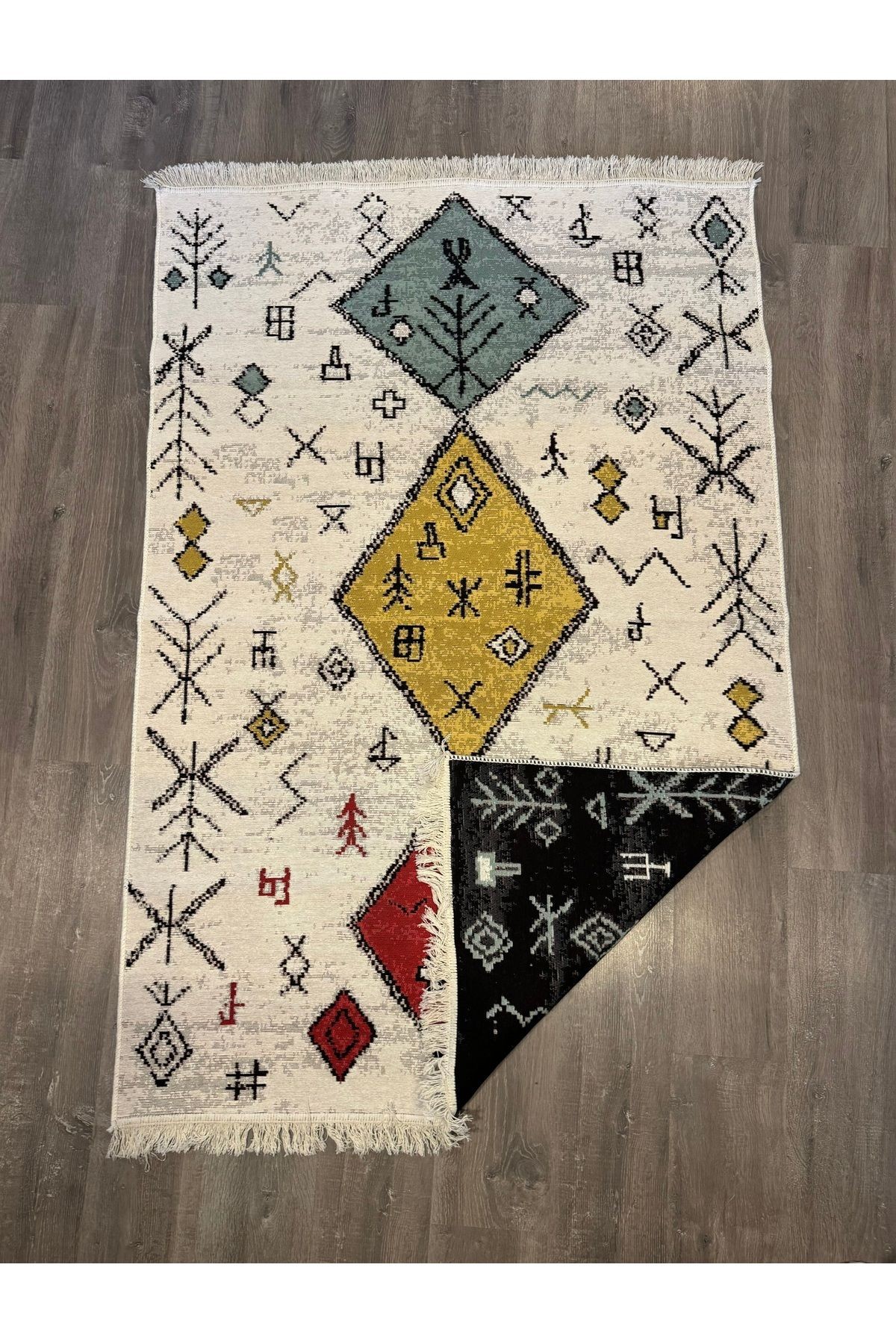 Alara Koleksiyonu Kırmızı Sarı Mavi Ve Siyah Kırmızı Çift Taraflı Pamuk Dokuma Saçaklı Kilim alara02