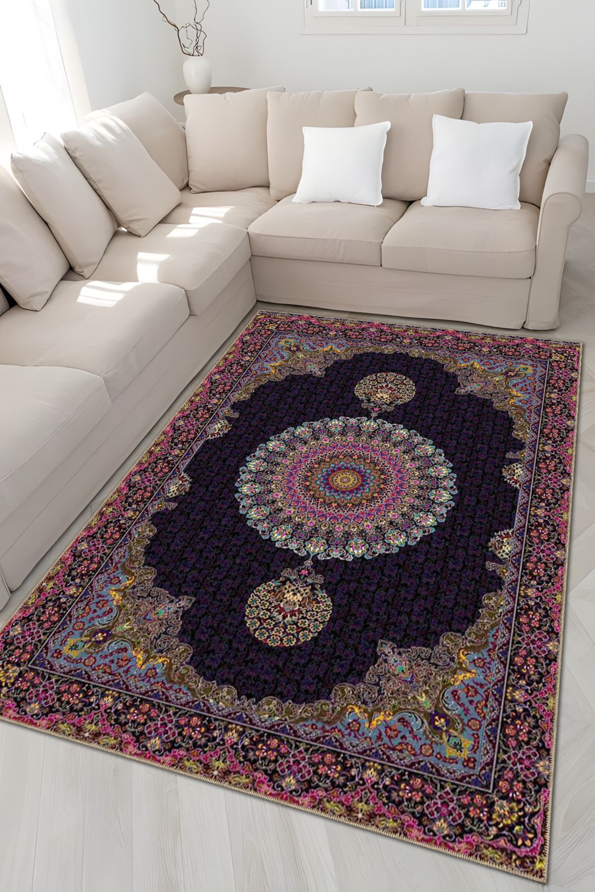 Mor Pembe Temalı Çok Renkli Geleneksel Motif Etnik Desenli Vintage Dekoratif Halı 4898