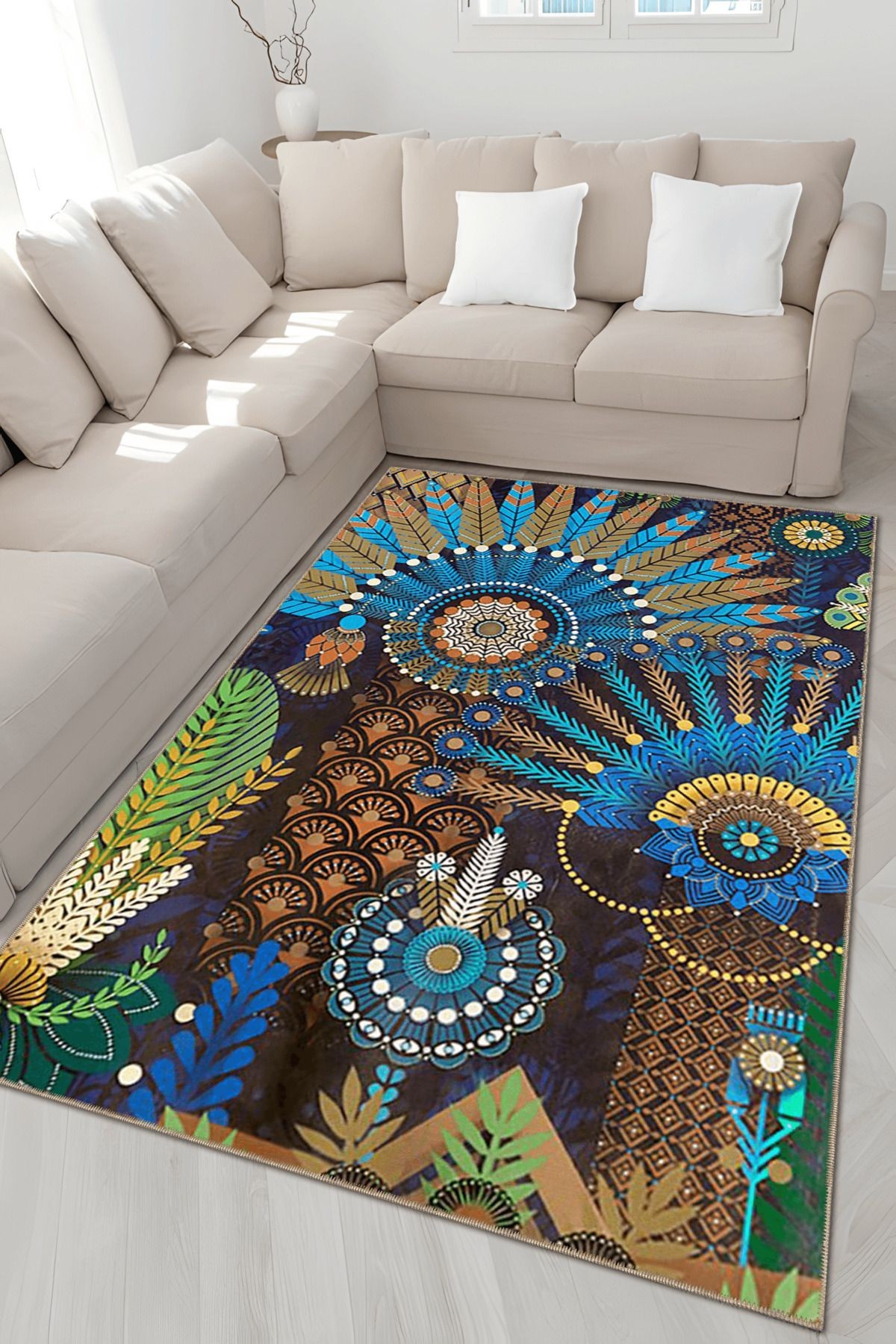 Floral Temalı Çok Renkli Etnik Figür ve Çiçek Desenli Vintage Dekoratif Halı 4860