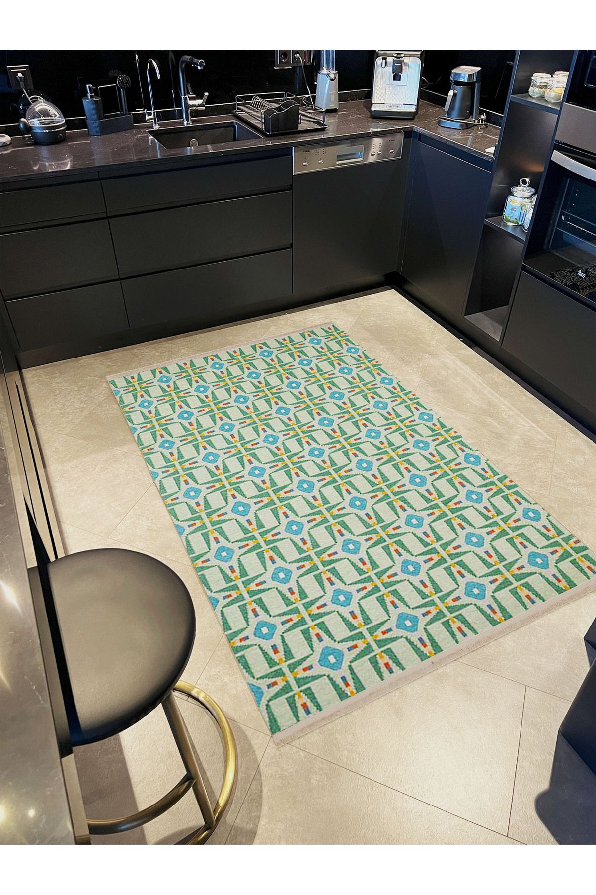 Paris Koleksiyonu Yeşil Mavi Tonlar Karma Şekil Motifleri Desenli Vintage Dekoratif Halı 161