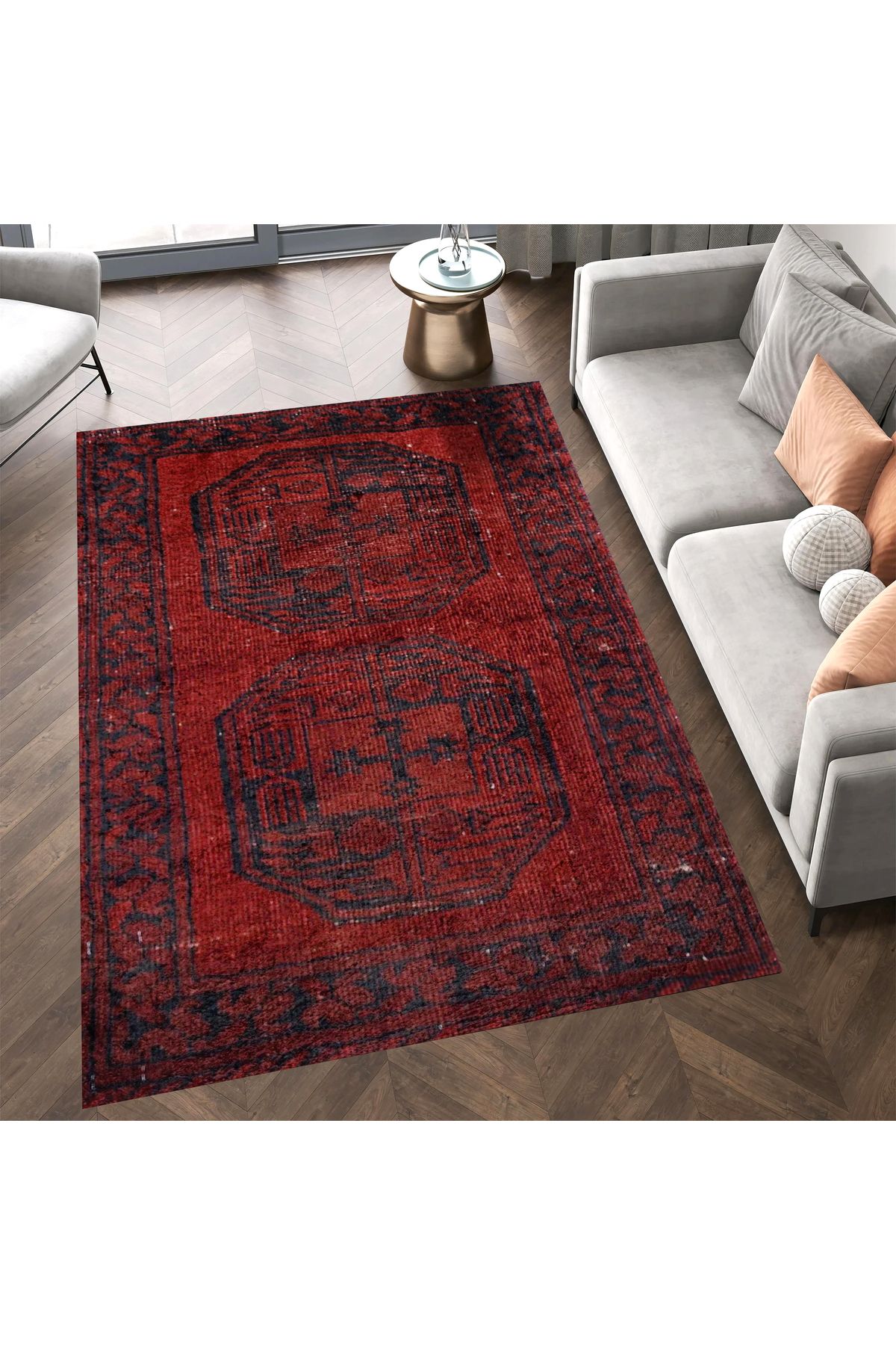 Asena Koleksiyonu Kırmızı Temalı Geleneksel Motif Desenli Vintage Dekoratif Halı 05