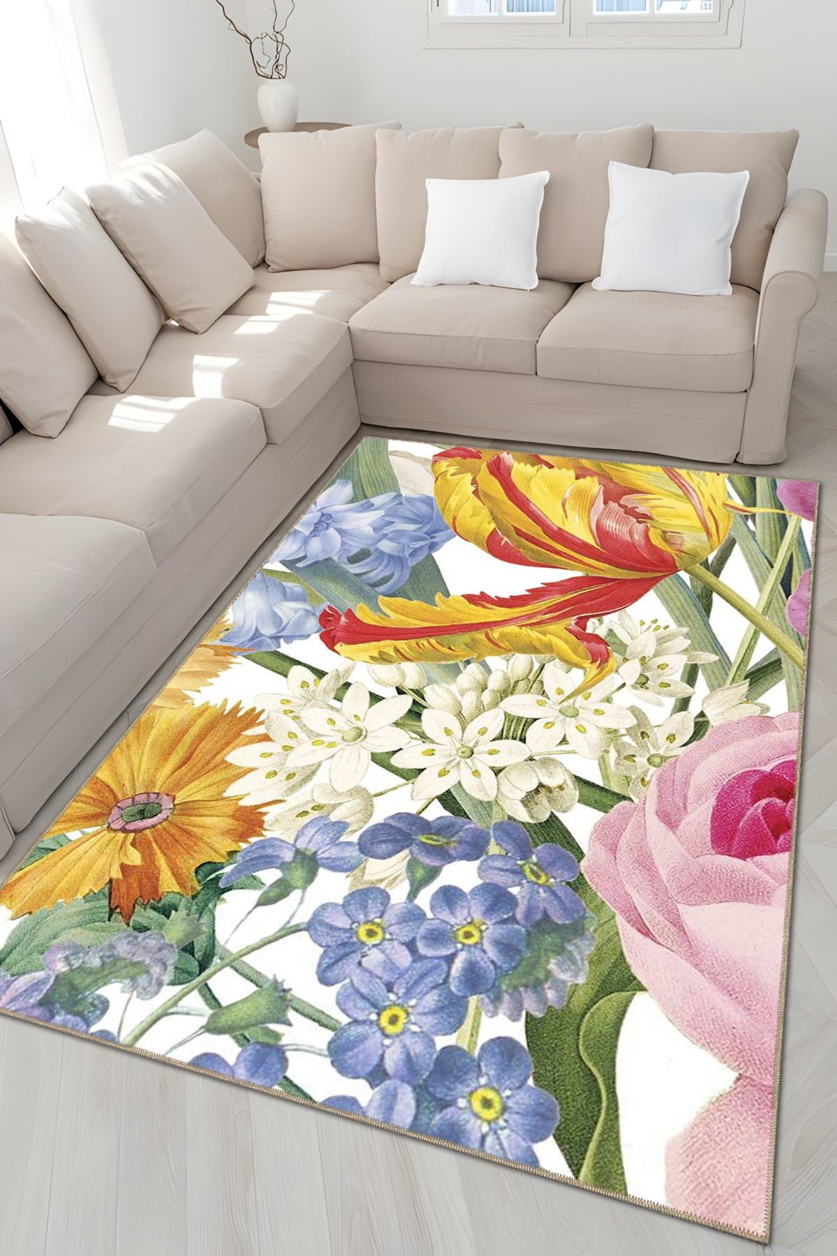 Floral Temalı Çok Renkli Karma Çiçek Menekşe Gül Desenli Modern Dekoratif Halı 4952