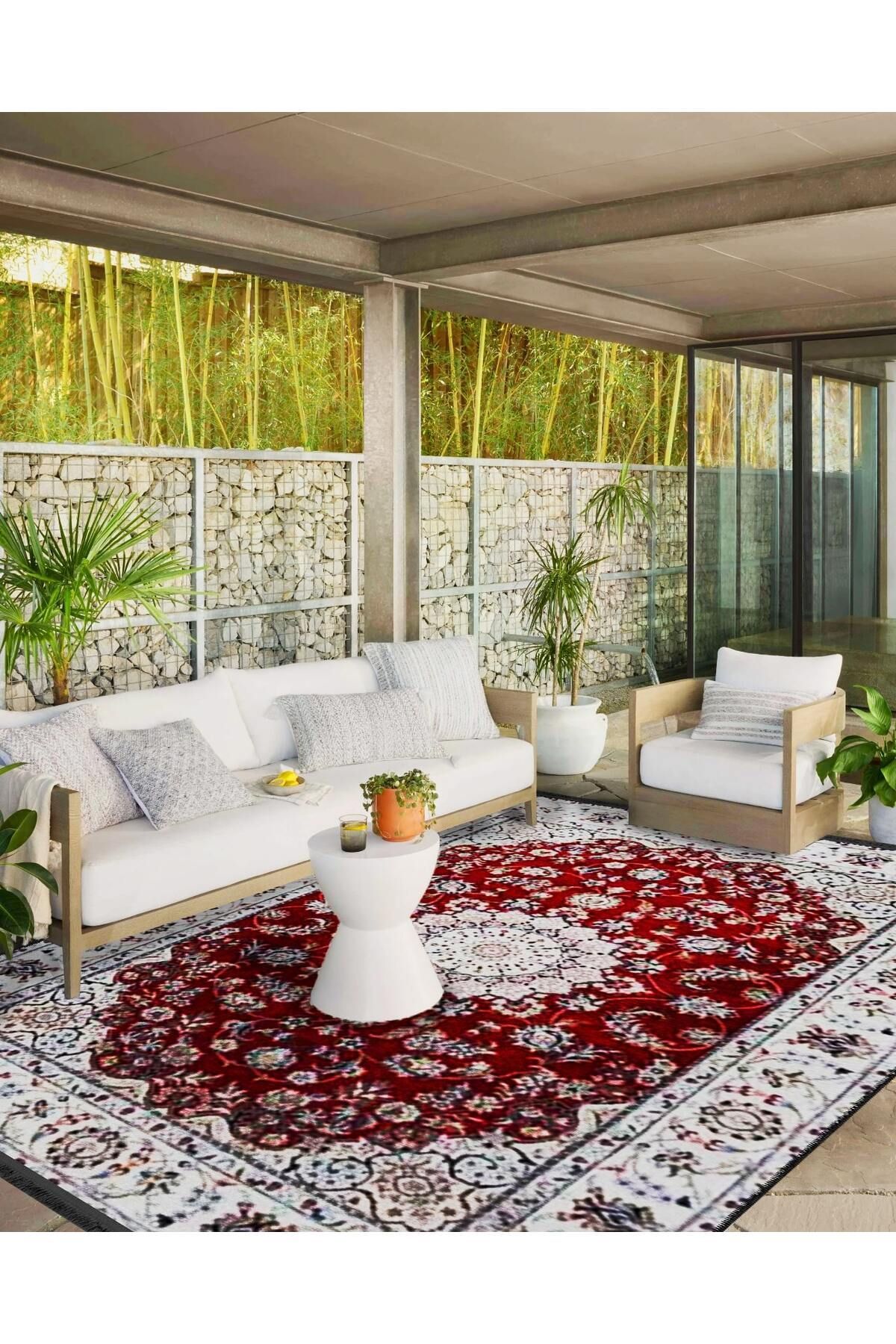 Karabağ Serisi Beyaz Desenli Bordür Detaylı Bordo Dokuma Taban Dekoratif Halı karabag18