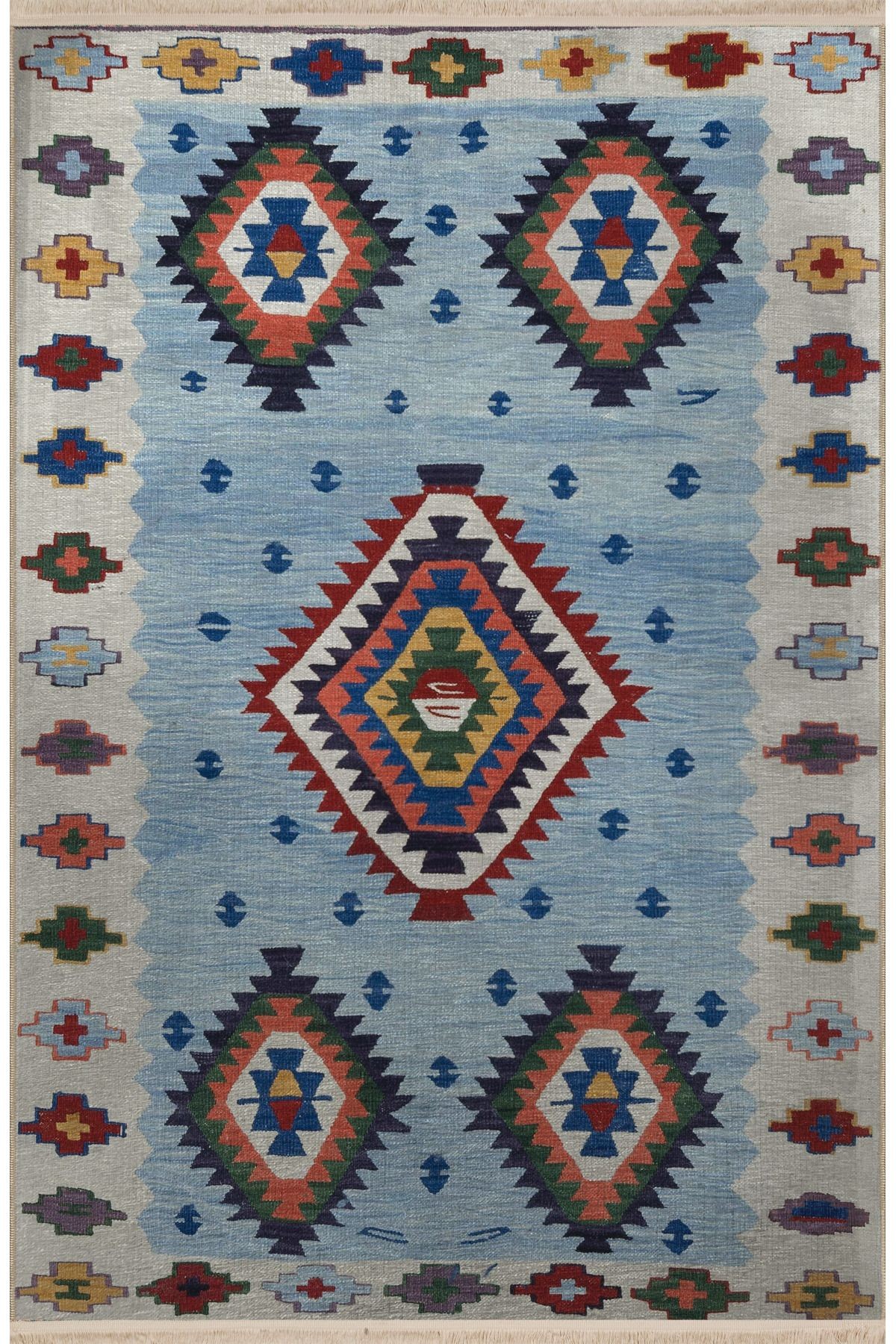 Açık Mavi Temalı Çok Renkli Geleneksel Motif Desenli Vintage Dekoratif Halı 2686