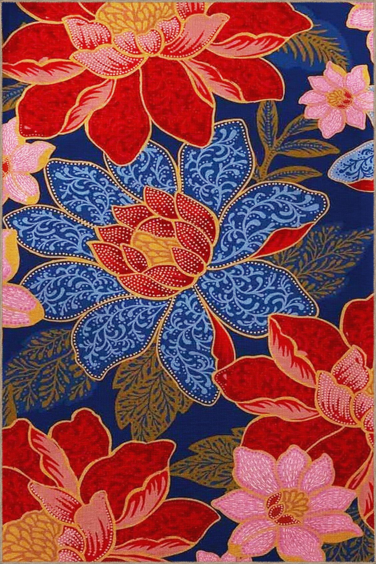 Mavi Kırmızı Temalı Çiçek Desenli Kreatif Modern Dekoratif Halı 3654