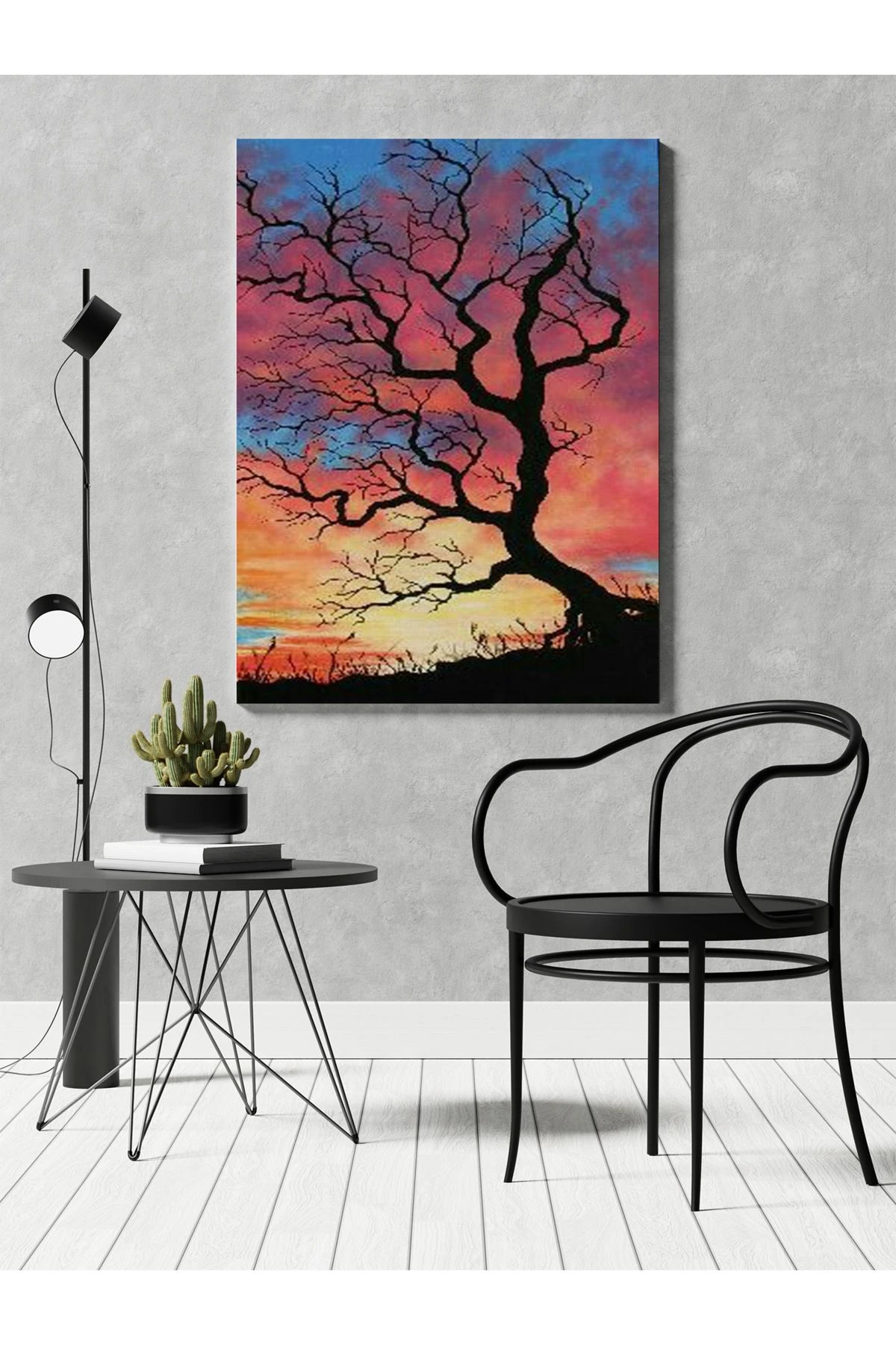 Kanvas Tablo Gün Batımı ve Kuru Ağaç Desenli Temalı Tablo