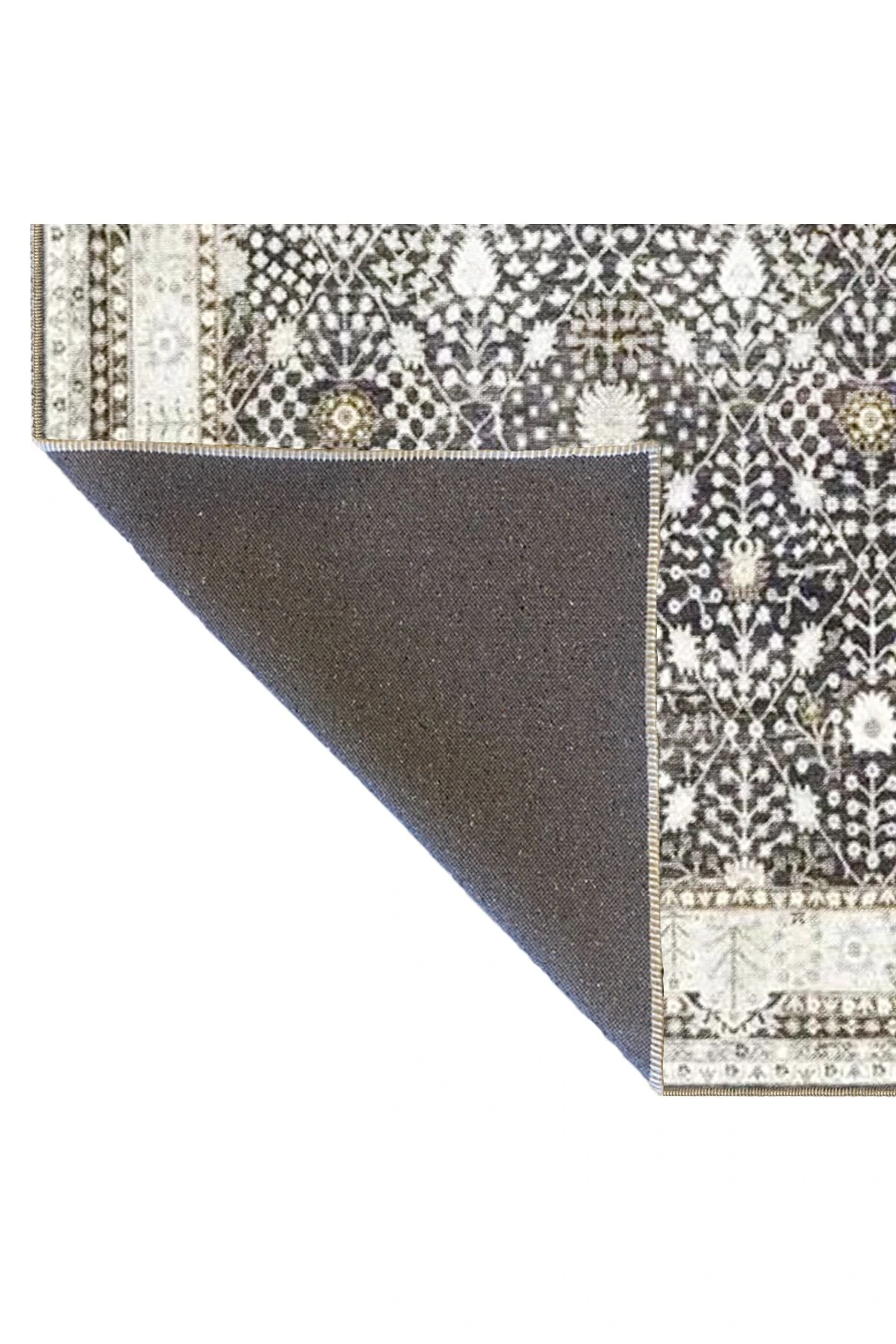 Siyah Bej Temalı Motifli Etnik Çiçek Desenli Vintage Dekoratif Halı 3497