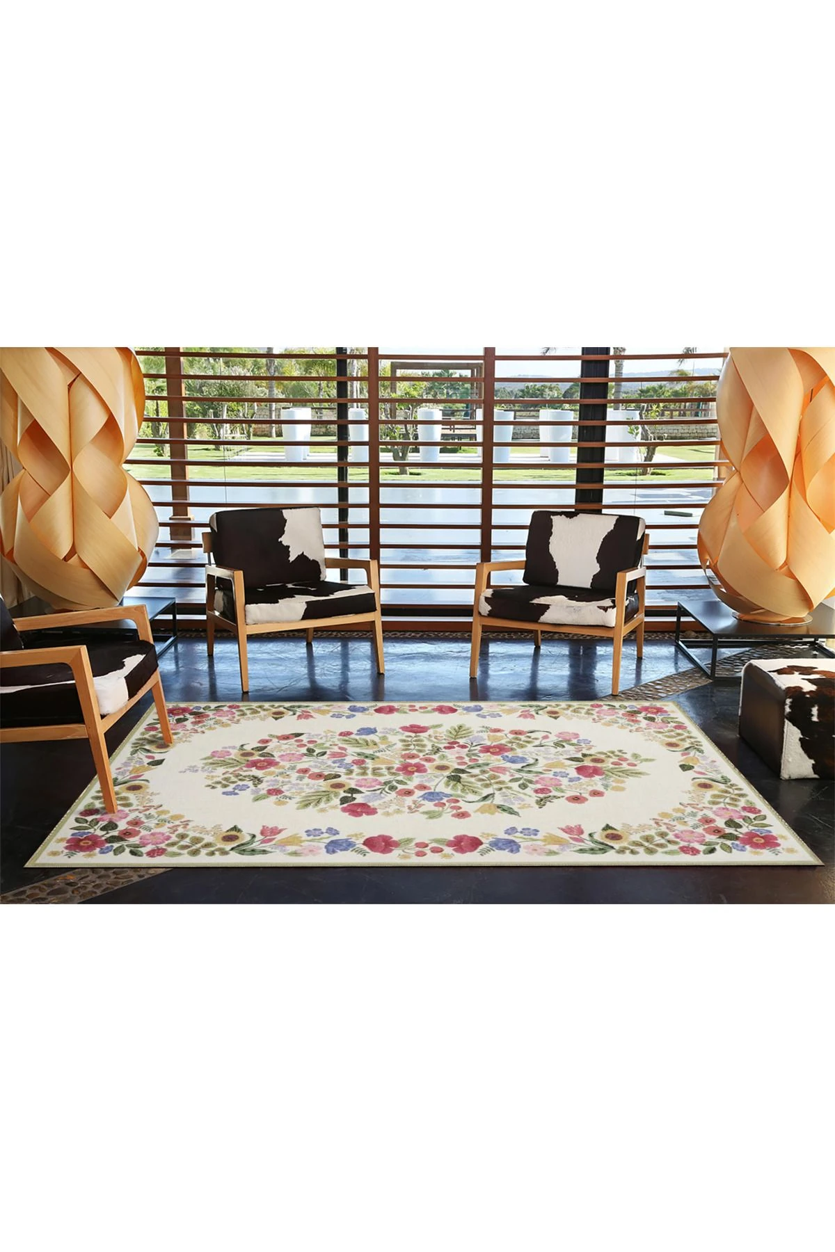 Çiçekli Floral Kremli Geometrik Çizgili Desenli Dekoratif Yıkanabilir Halı miravip8412