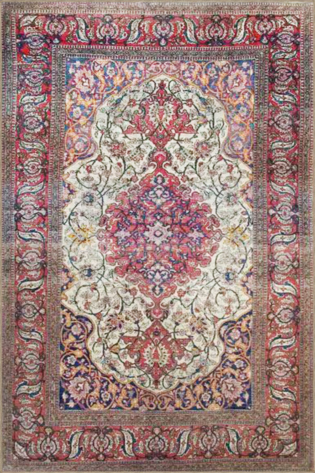 Pembe Temalı Geleneksel Motif Etnik Çiçek Desenli Vintage Dekoratif Halı 3311