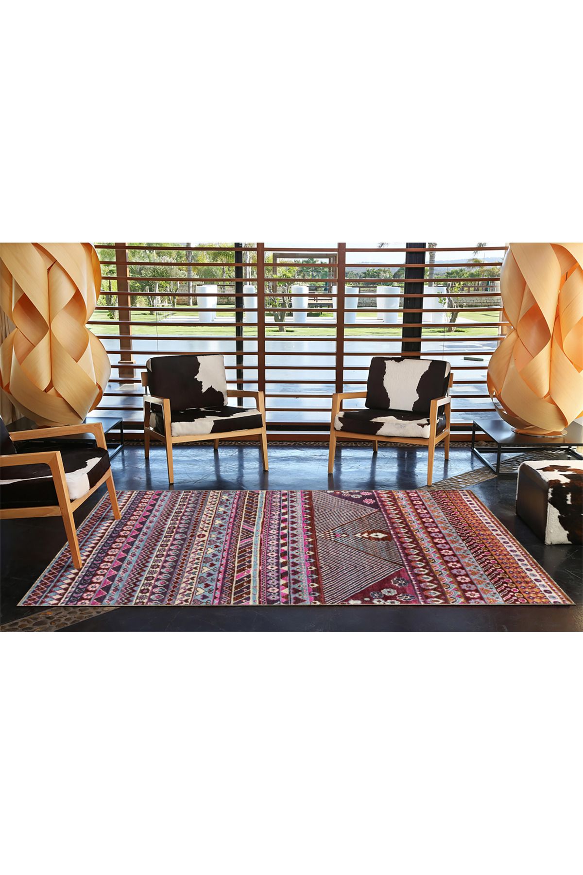 Mor Renginde Üçgen ve Çizgili Desenli Dokuma Taban Halı 4094