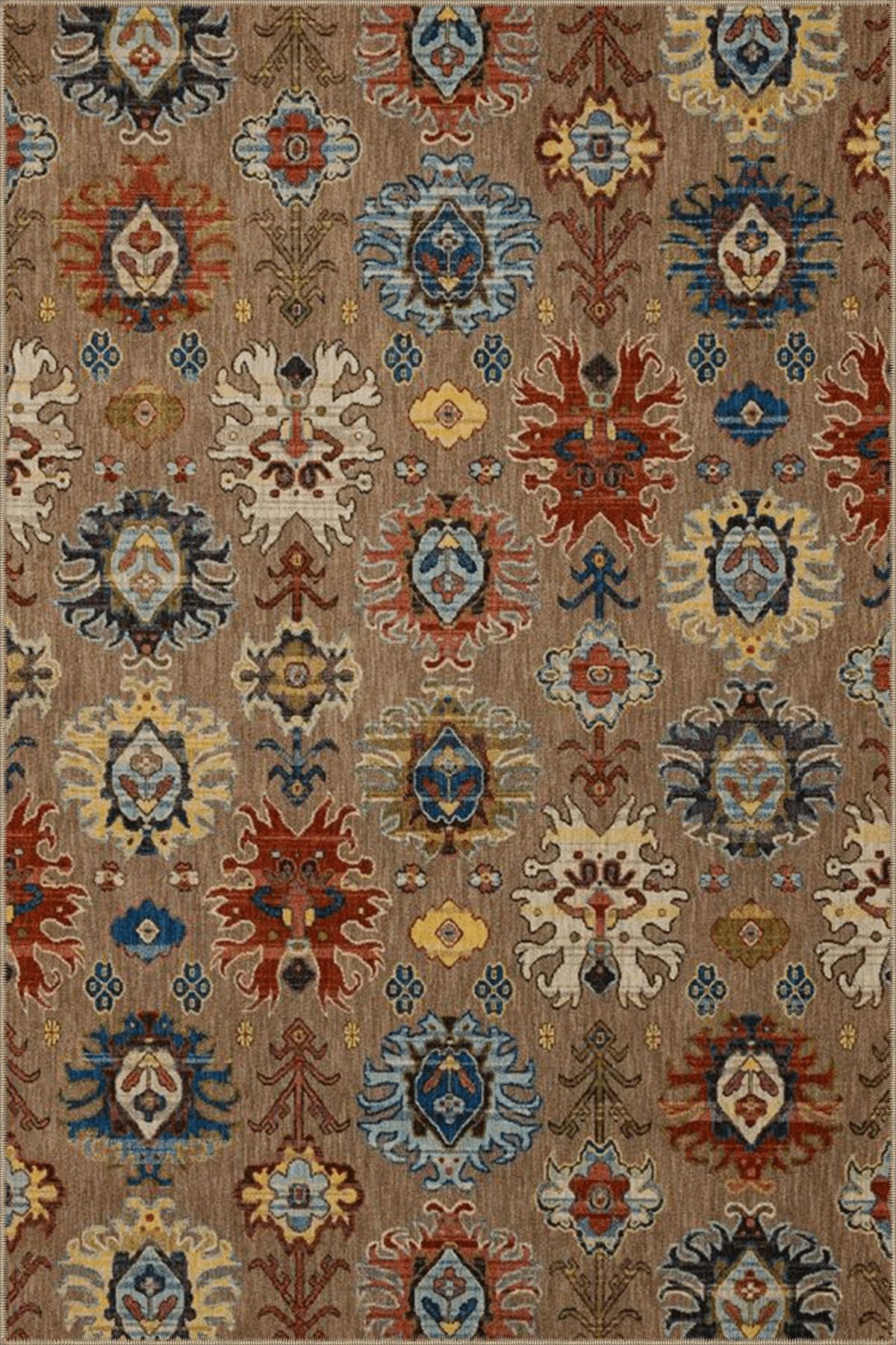 Açık Kahve Temalı Çok Renkli Motifli Etnik Figür Desenli Vintage Dekoratif Halı 3985
