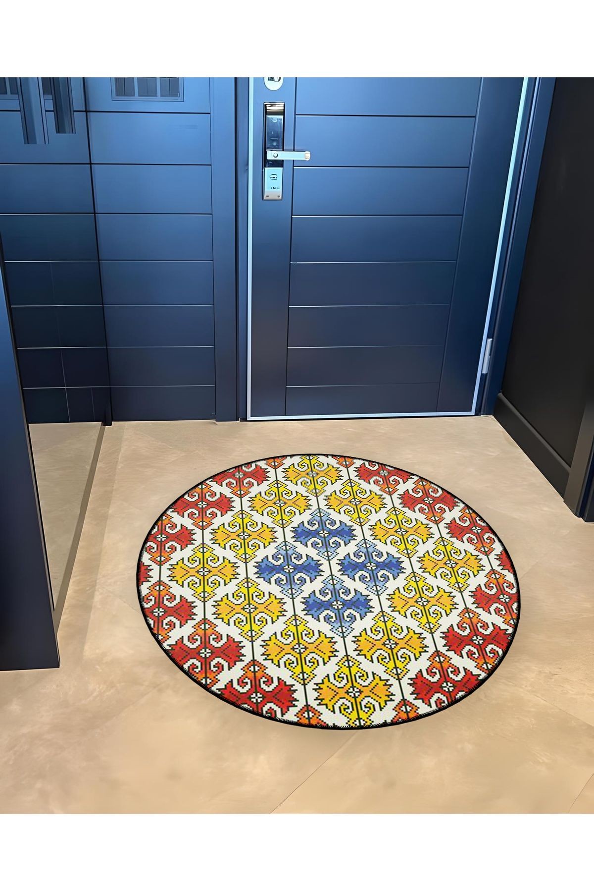 Mira Yuvarlak Sarı Mavi Kırmızı Şekil Detaylı Dokuma Taban Modern Dekoratif Halı 5619