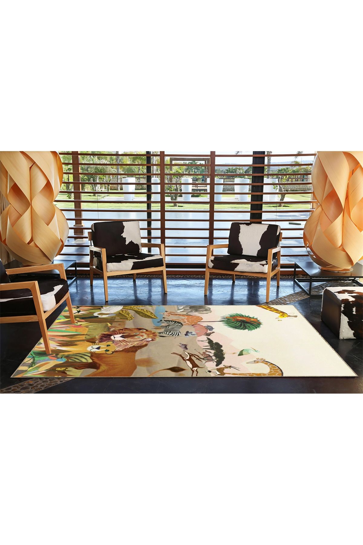 Vahşi Orman Temalı Aslan Zürafa ve Zebra Desenli Modern Dekoratif Halı 3552