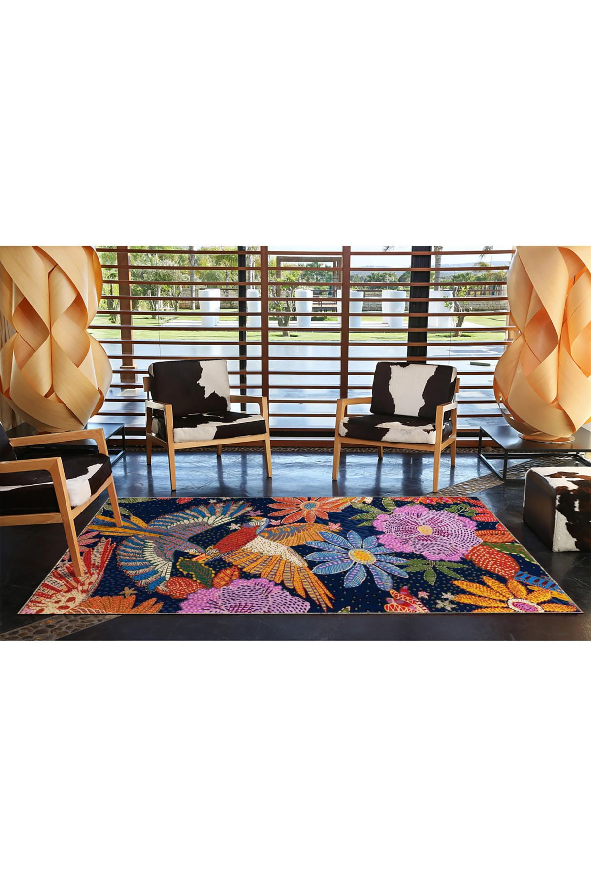 Lacivert Temalı Çok Renkli Floral Çiçek Desenli Kreatif Modern Dekoratif Halı 3648