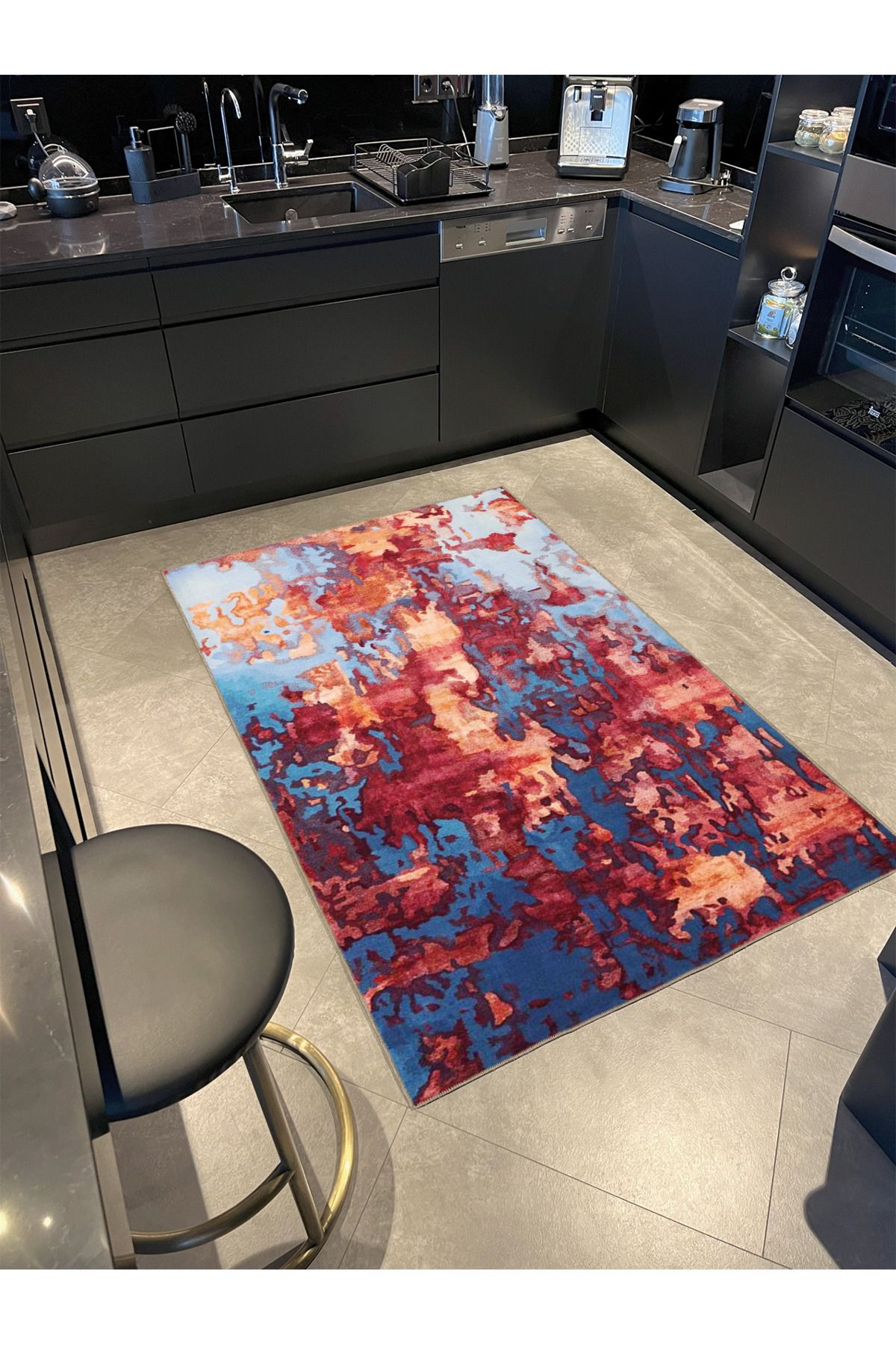 Kırmızı Mavi Temalı Soyut Abstract Desenli Modern Dekoratif Halı 3935