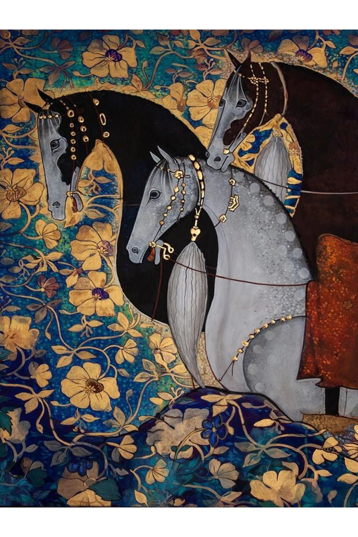 Yılmaz Koleksiyonu Çiçek Temalı Üç Asil At Desenli Dokuma Taban Modern Dekoratif Halı yılmaz27