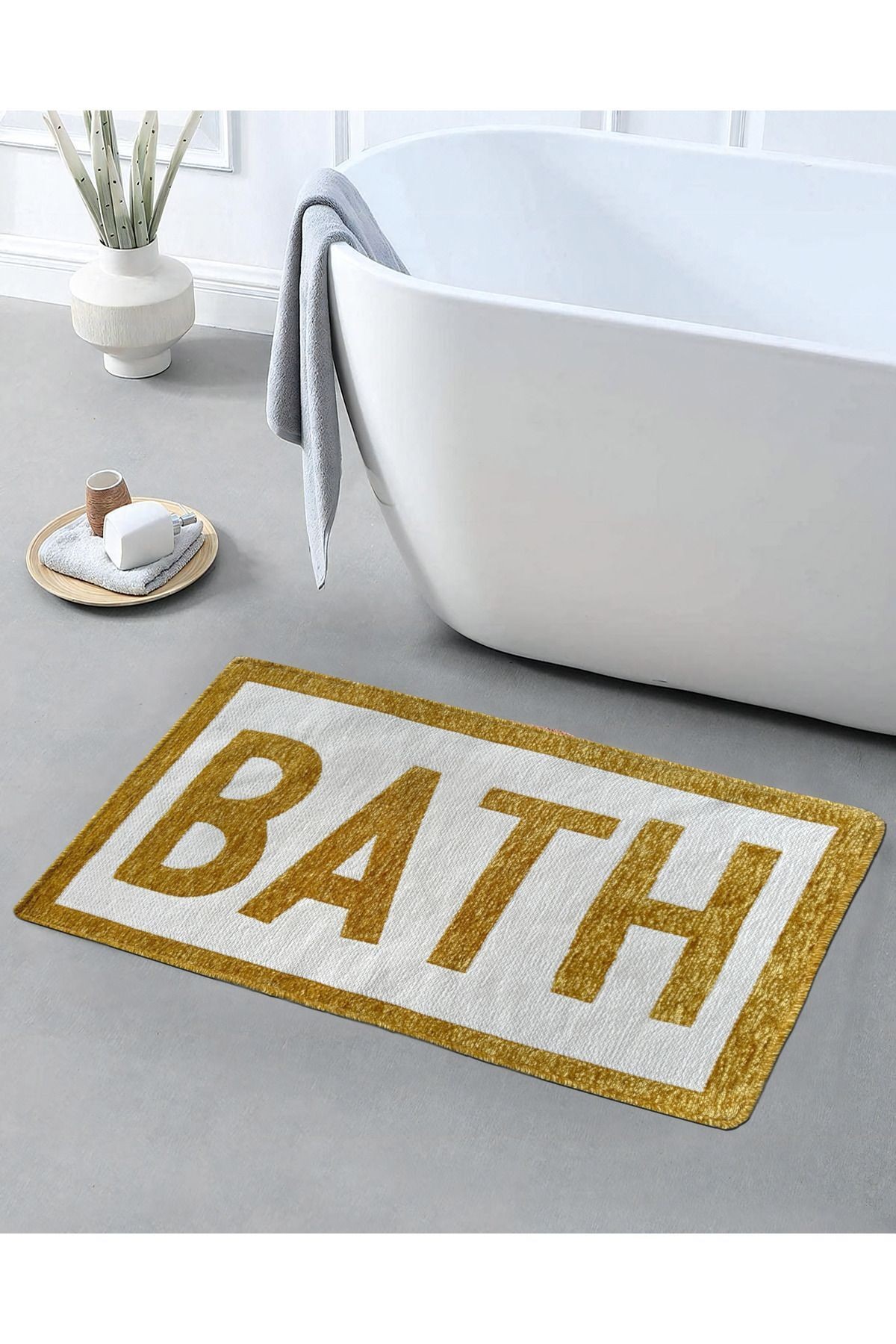 Bath Yazılı Hardal Ekru Dokuma Banyo Paspası 90×57