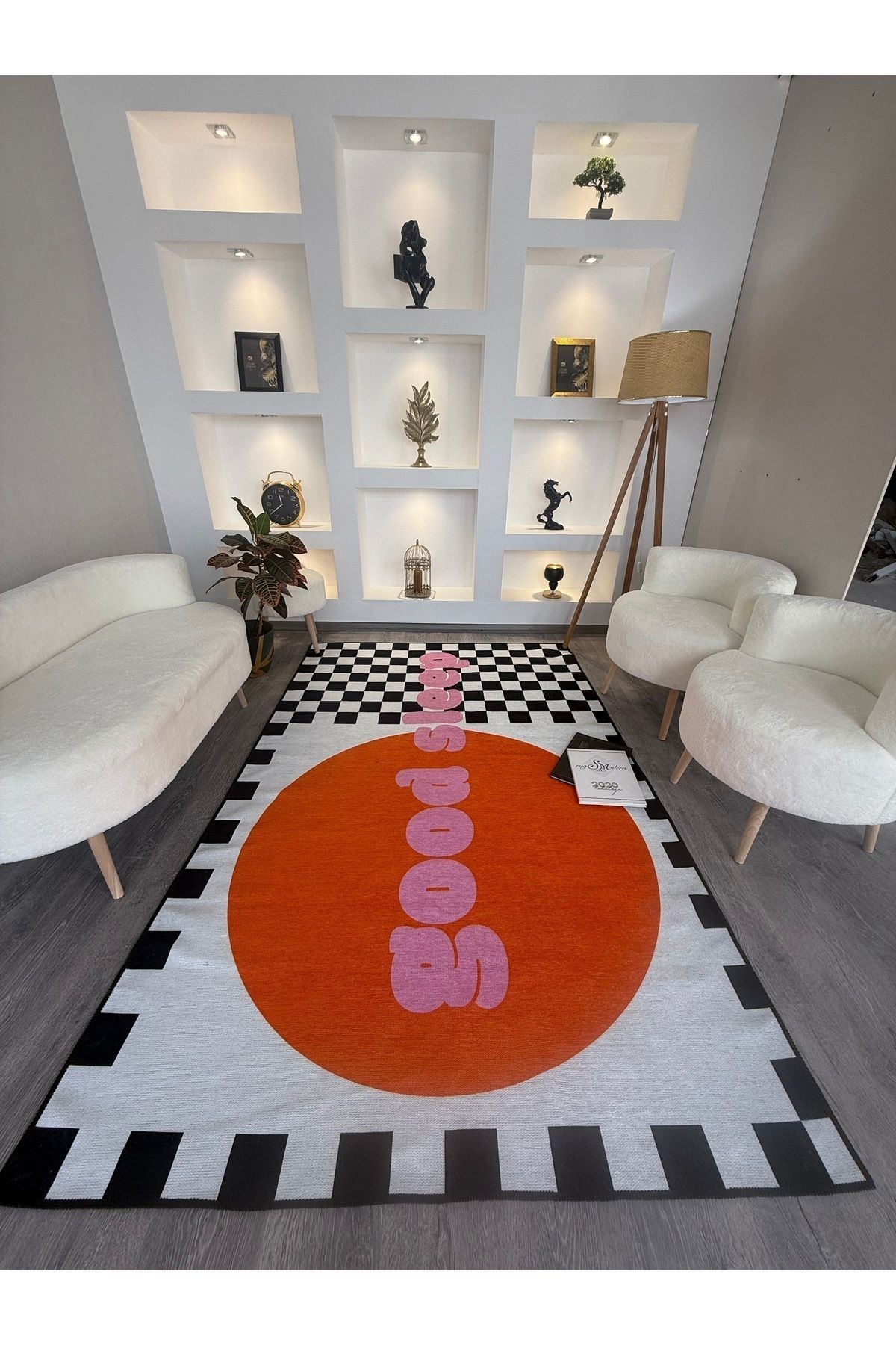 Opal Pembe Good Sleep Yazı Ve Dama Detaylı Dokuma Taban Modern Dekoratif Halı Opal08