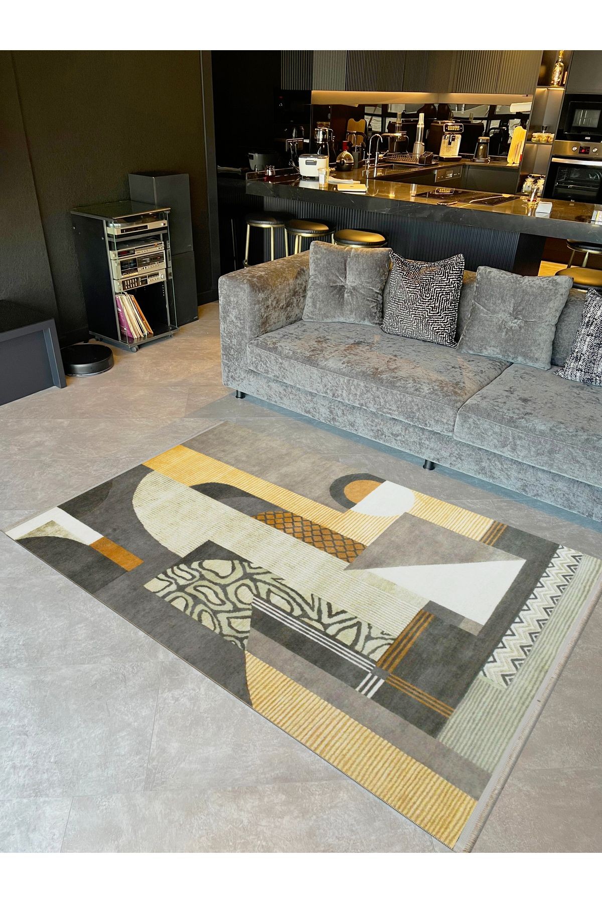 Barcelona Koleksiyonu Gri Sarı Tonlarda Soyut Desenli Modern Dekoratif Halı barcelona71