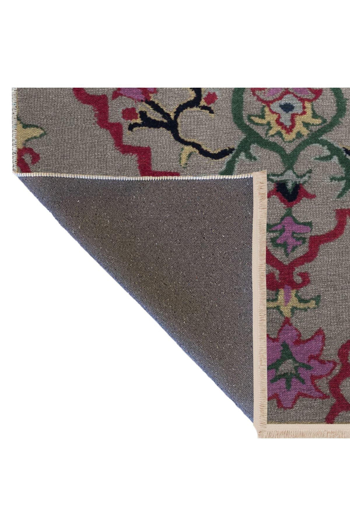 Gri Temalı Çok Renkli Motifli Etnik Çiçek Desenli Saçaklı Vintage Dekoratif Halı 3039