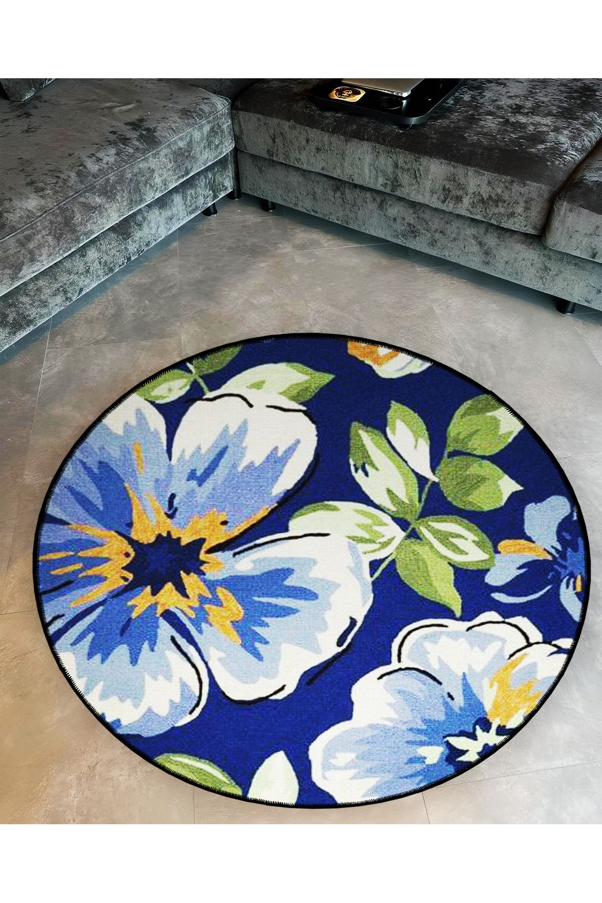 Mira Yuvarlak Koyu Mavi Çiçek ve Yaprak Detaylı Dokuma Taban Modern Dekoratif Halı 5660