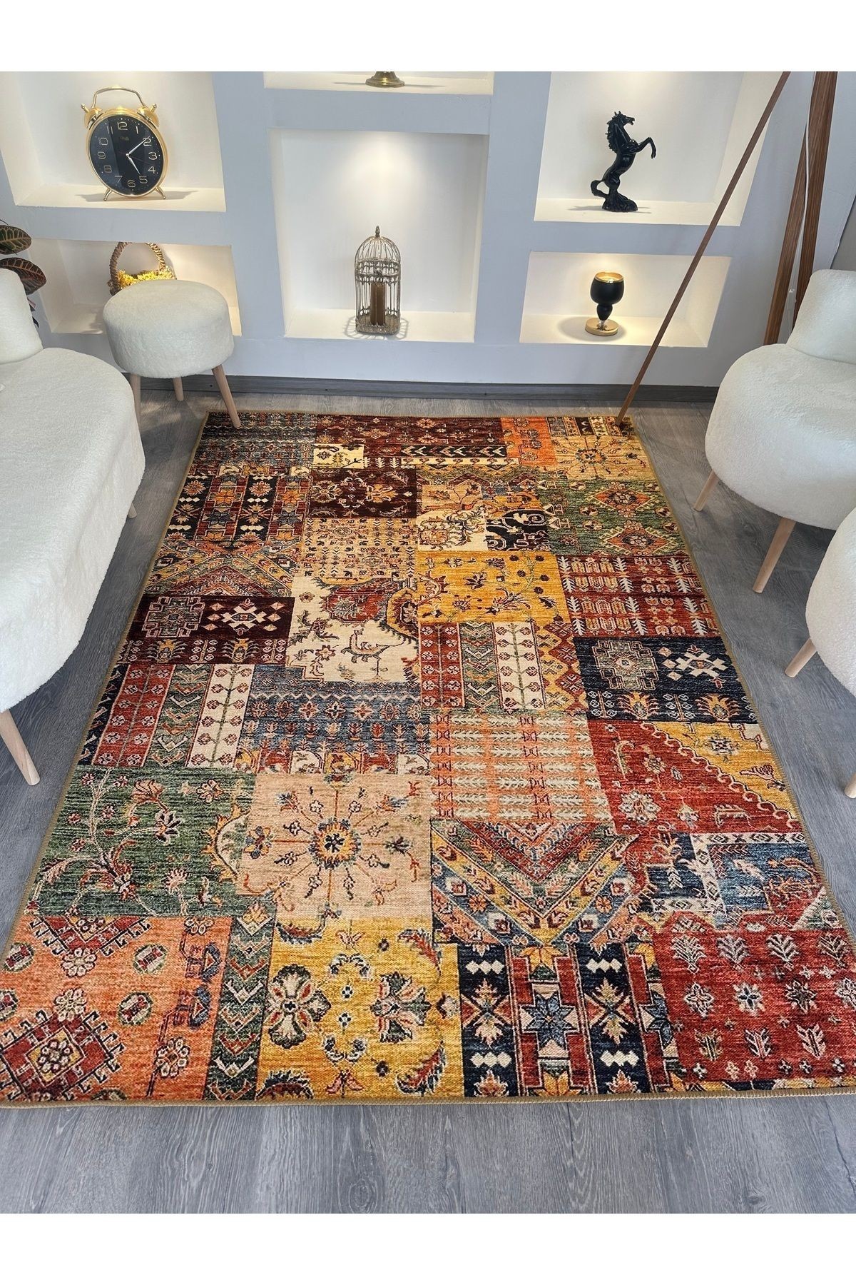 Cansu Koleksiyonu Patchwork Görünümlü Çok Renkli Dokuma Taban Modern Dekoratif Halı cansu07