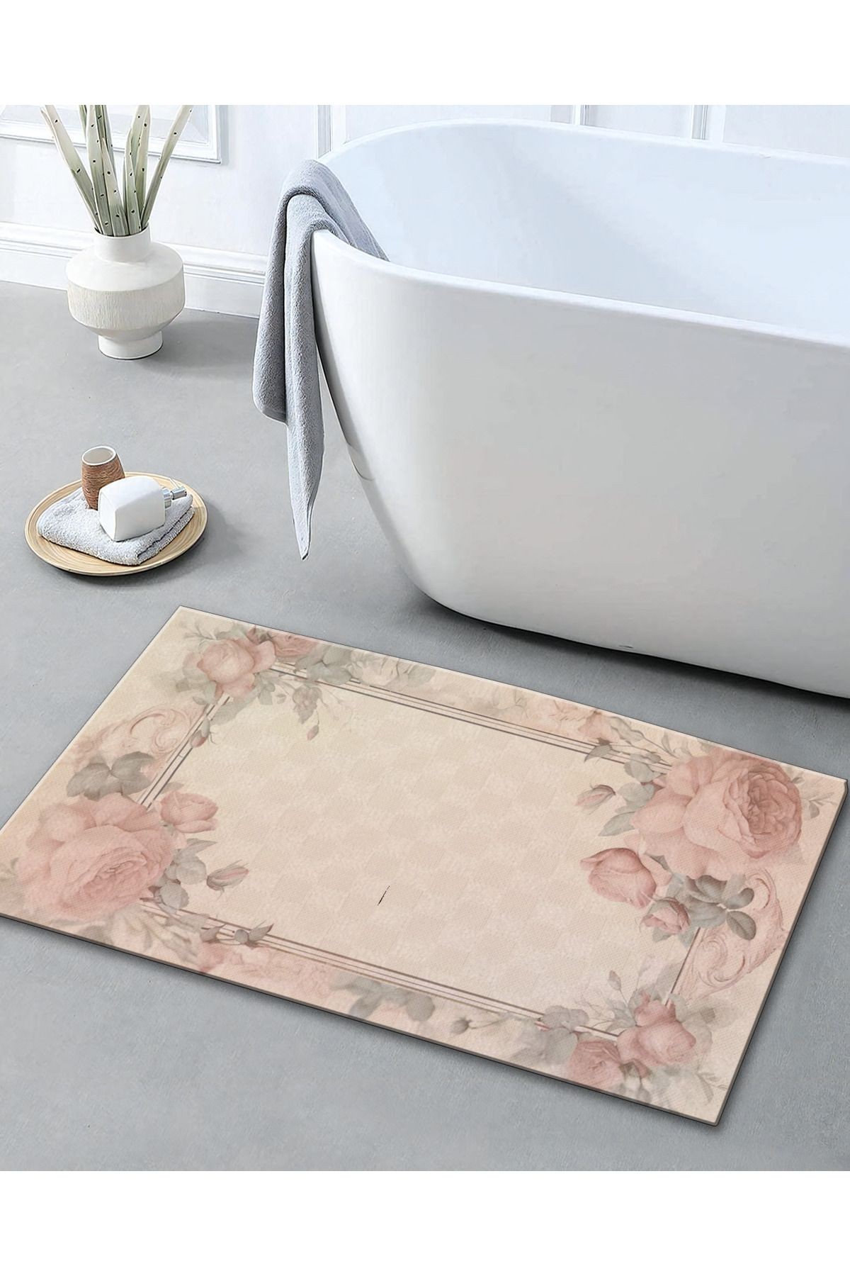 Pudra Pembe Temalı Çiçek Gül Desenli Modern Dekoratif Banyo Paspası 90×60