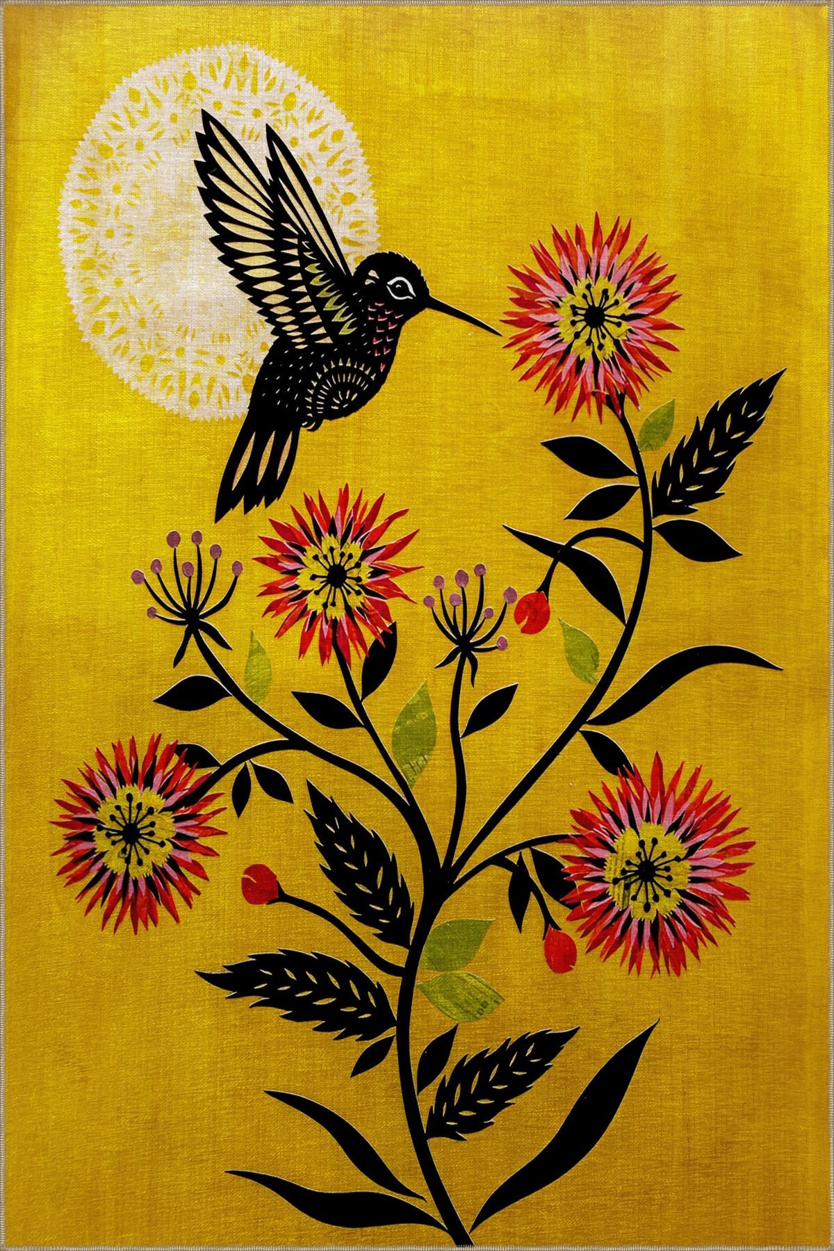 Sarı Temalı Gün Doğumu ve Çiçek Desenli Kreatif Modern Dekoratif Halı 2154