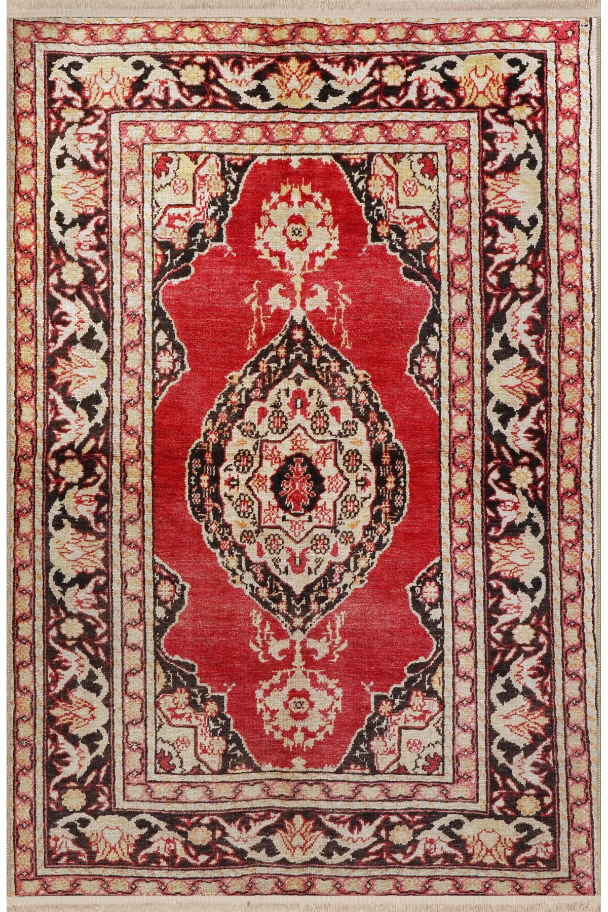 Bej Kırmızı Temalı Geleneksel Motif Çiçek Desenli Vintage Dekoratif Halı 2459