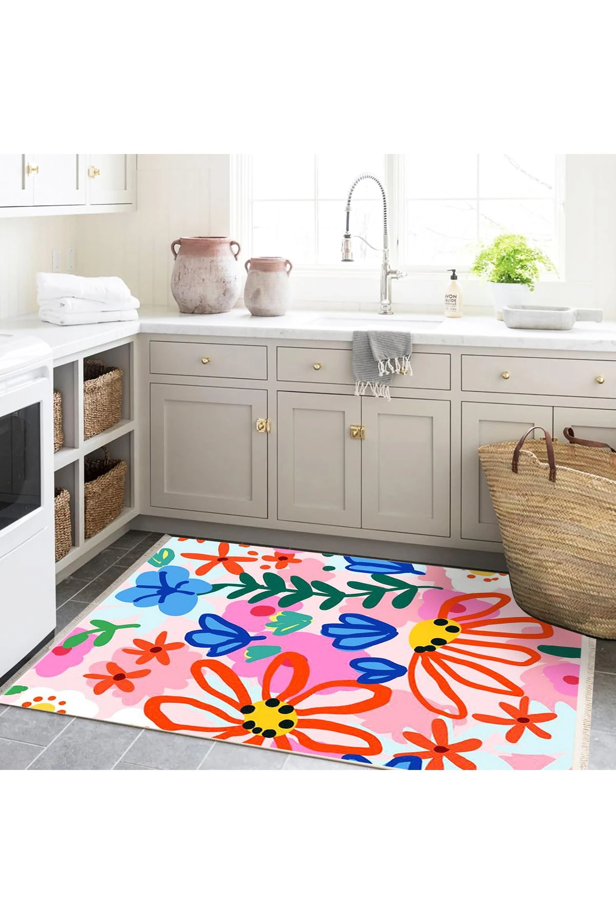 Özge Koleksiyonu Çok Renkli Çiçekler ve Yapraklar Desenli Dokuma Taban Modern Dekoratif Halı özge38