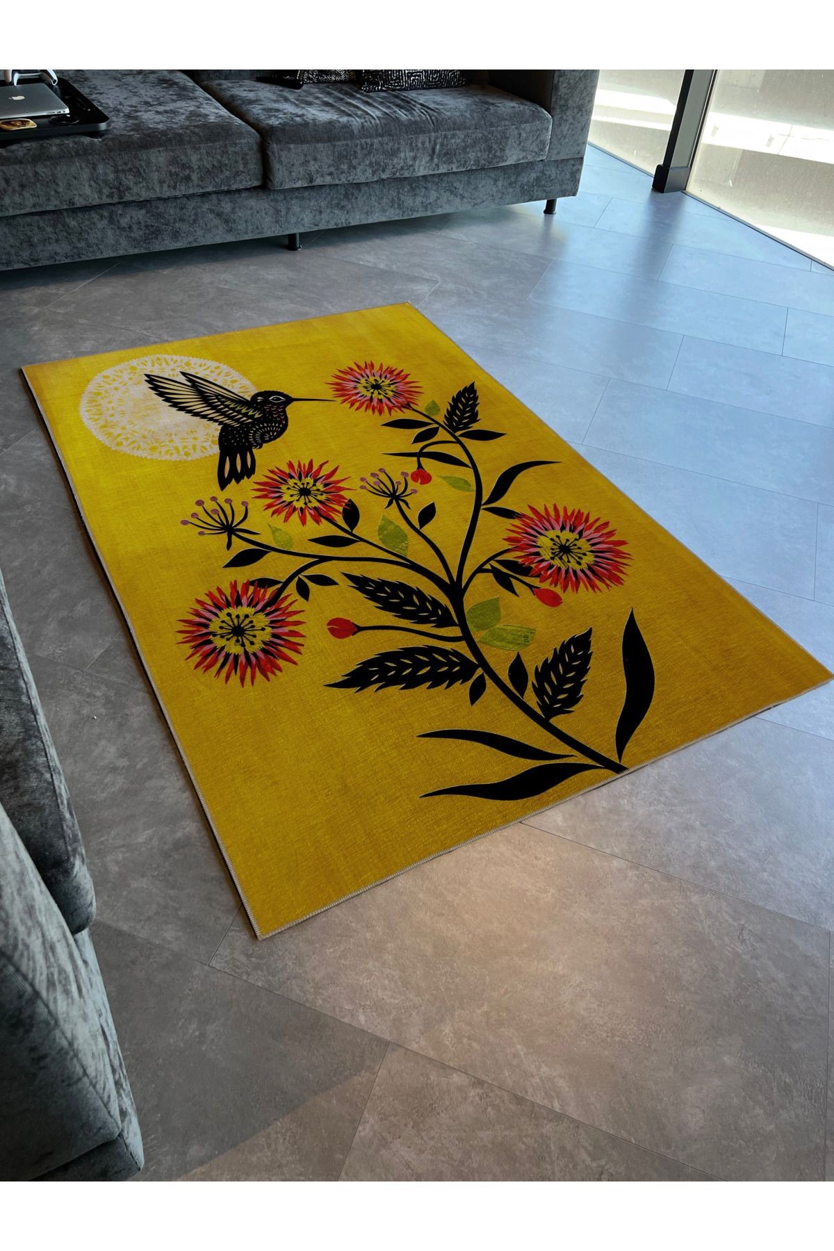 Sarı Temalı Gün Doğumu ve Çiçek Desenli Kreatif Modern Dekoratif Halı 2154