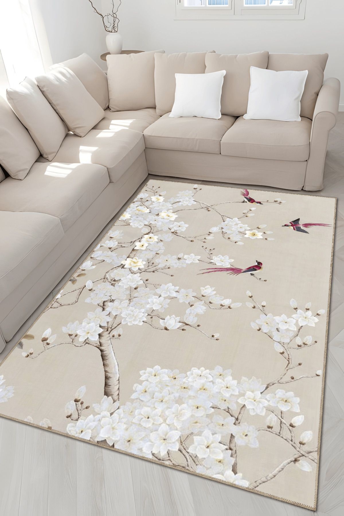 Bej Temalı Floral Çiçek ve Kuş Desenli Kreatif Modern Dekoratif Halı 4861
