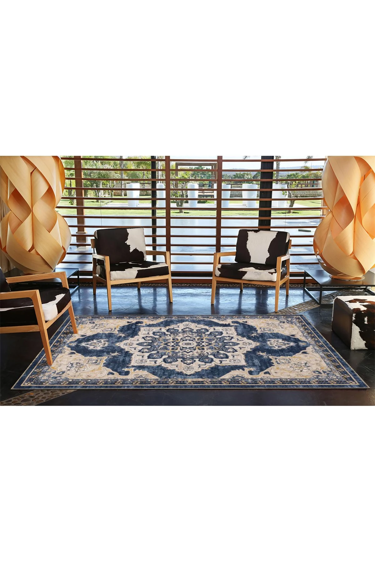 Mavi Krem Geleneksel Baklavalı Çiçekli Dokuma Taban Yıkanabilir Halı miravip8924