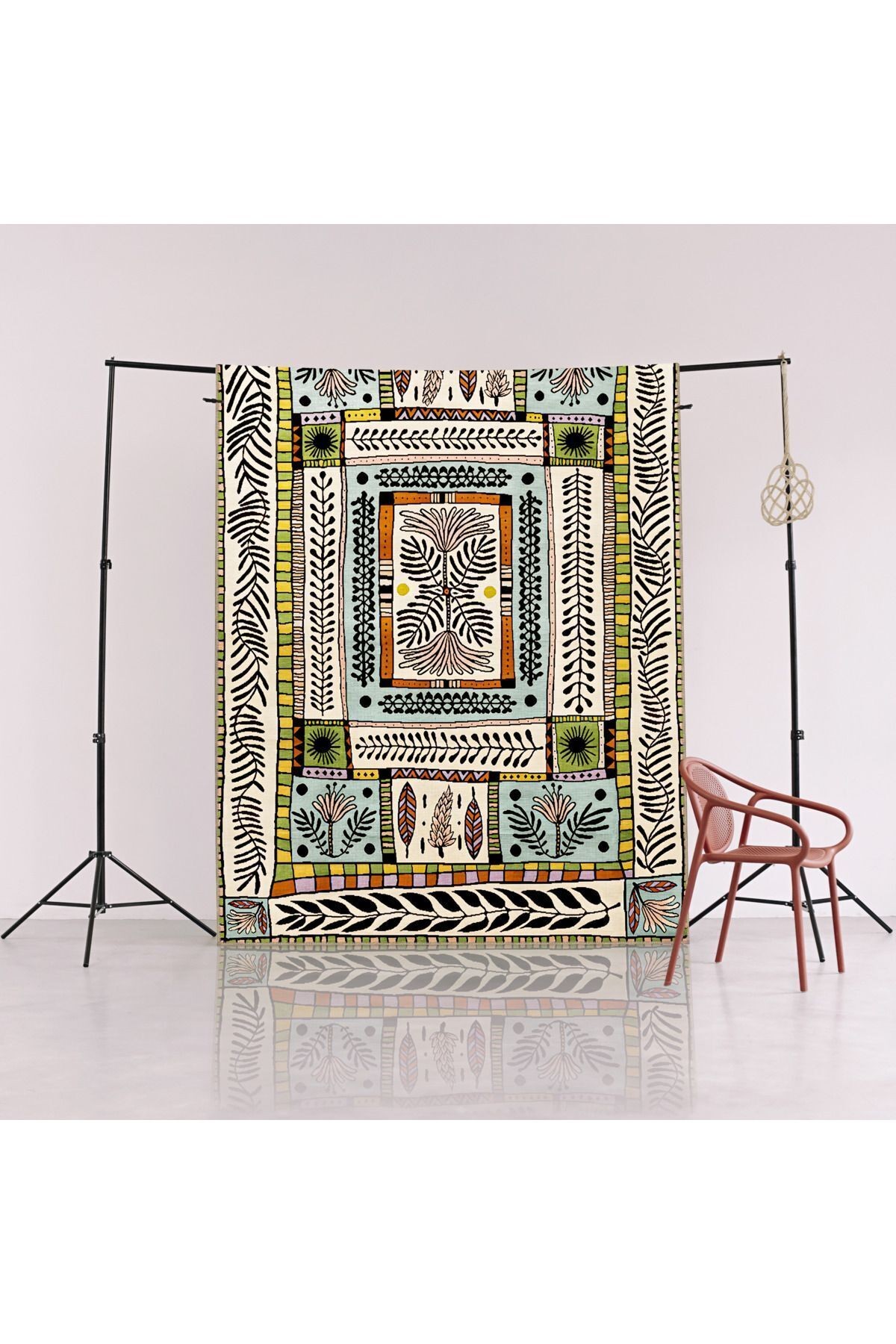Çok Renkli Karma Soyut Çiçek Desenli Saçaklı Modern Dekoratif Halı 3165