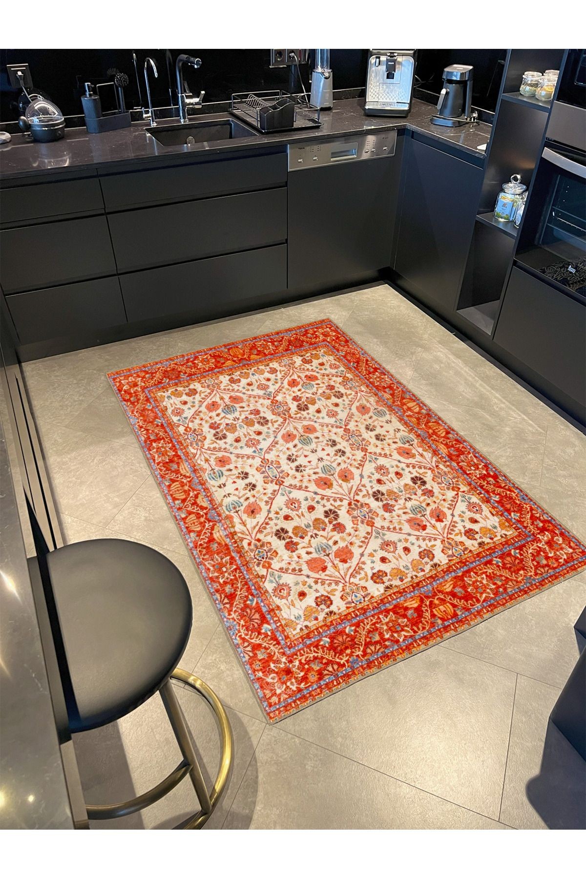 Botanik Turuncu Geometrik Temalı Desenli Dokuma Taban Halı ve Yıkanabilir Halı aloha36