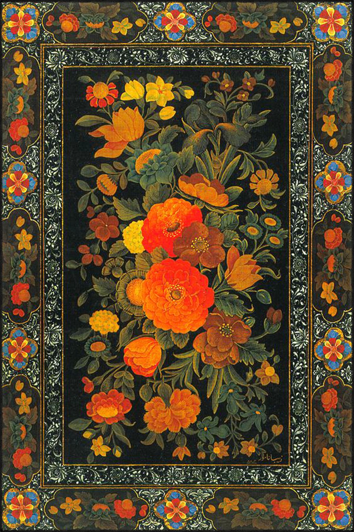 Turuncu ve Karışık Renkli Çiçekli Floral Çerçeve Geometrik Modern Dekoratif Halı miravip179