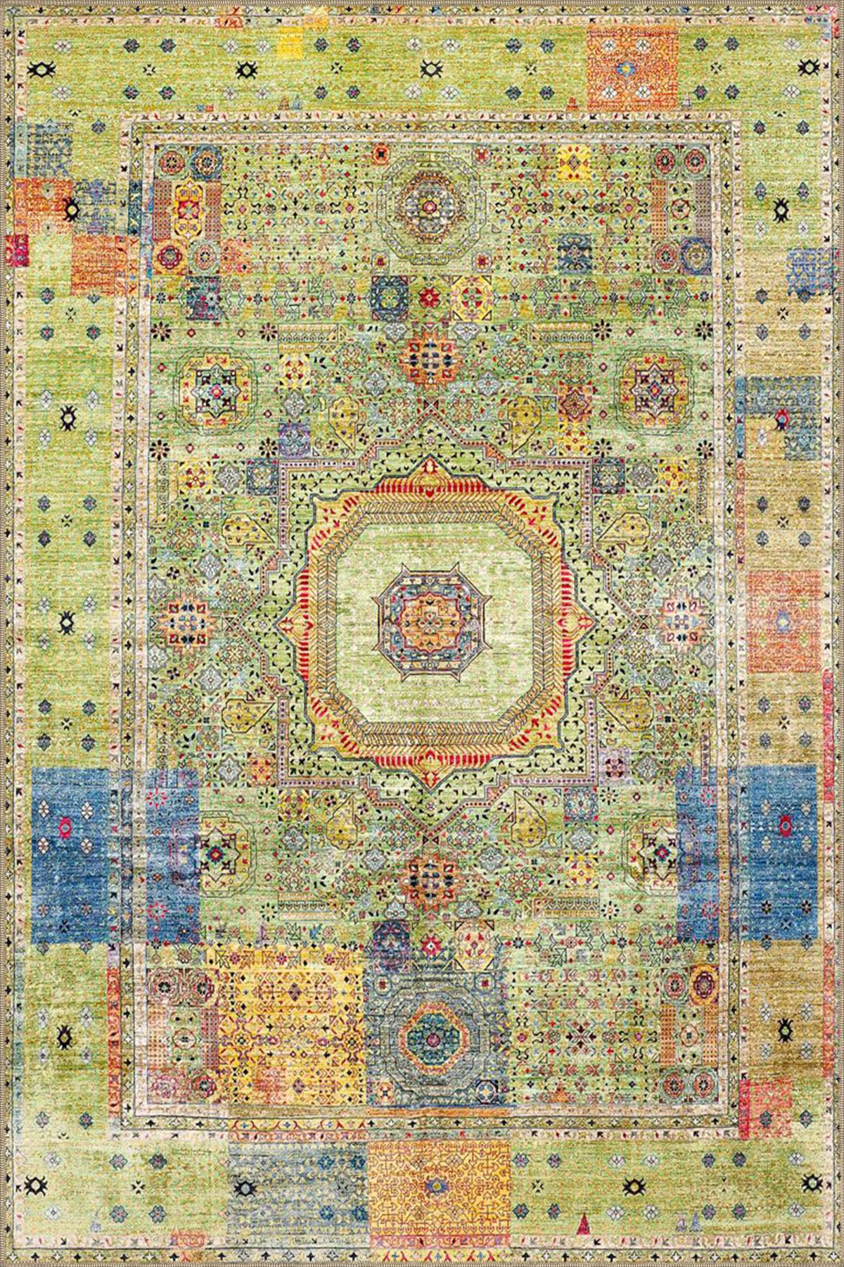 Sarı Geometrik Geleneksel Çiçekli Desenli Dokuma Taban miravip688