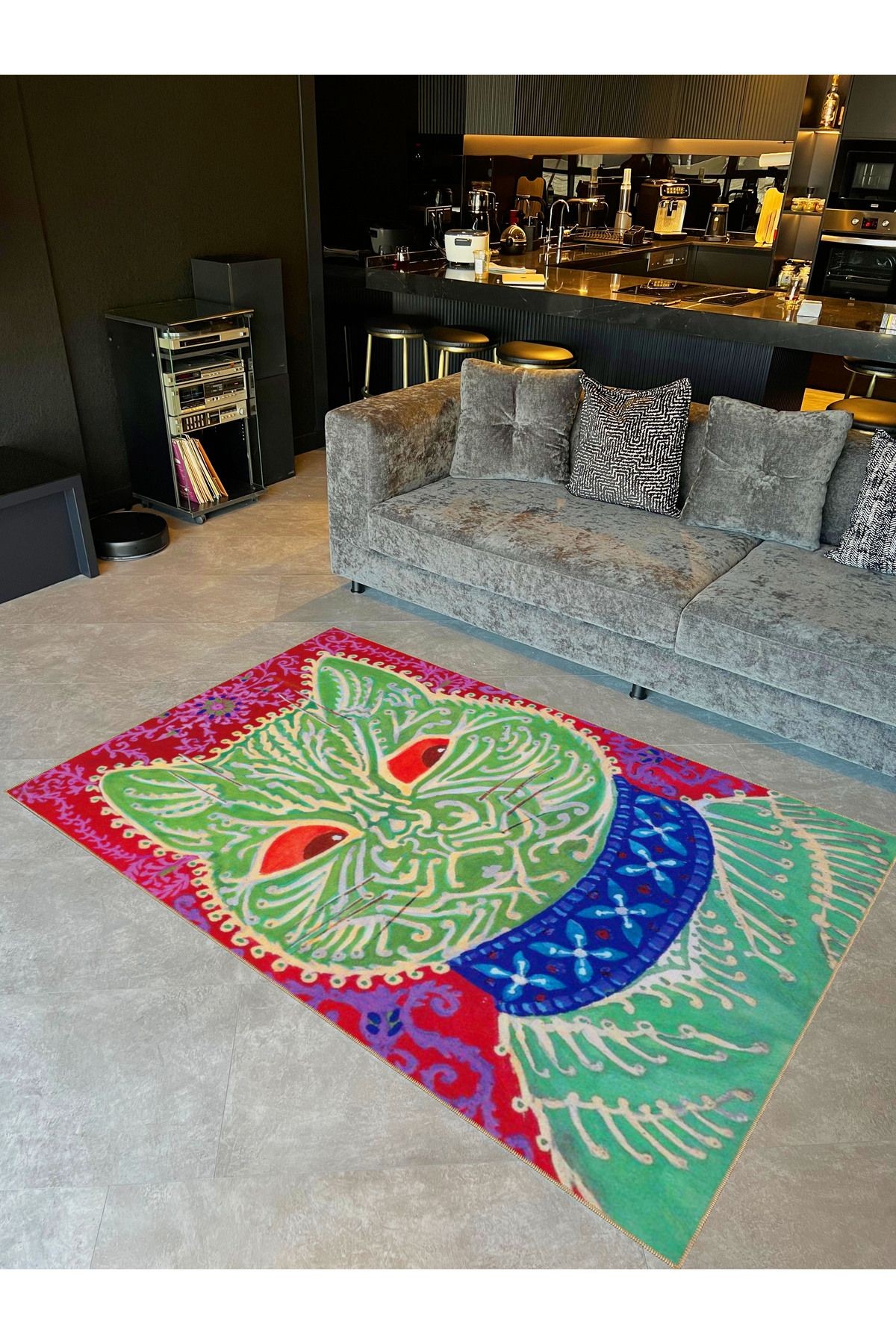 Emre Koleksiyonu Yeşil Temalı Etnik Motif Detaylı Kedi Desenli Dokuma Taban Modern Dekoratif Halı 39