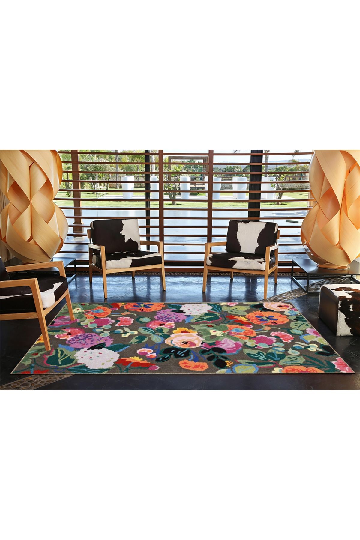 Çok Renkli Karma Floral Çiçek ve Gül Desenli Kreatif Modern Dekoratif Halı 3625