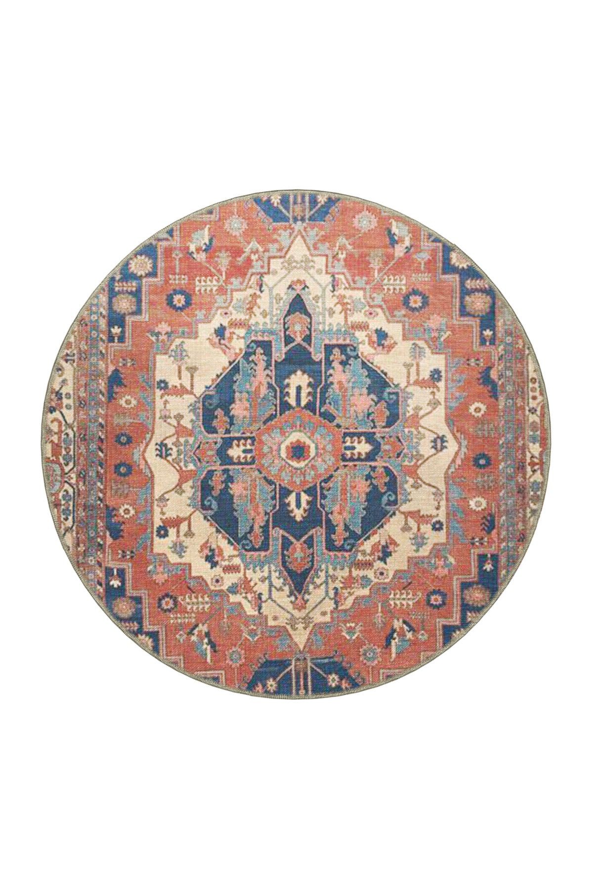 Bej Mavi Temalı Geleneksel Motif Desenli Vintage Dekoratif Halı 3854