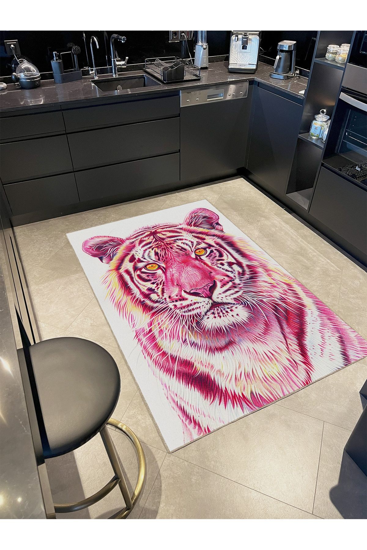 İnci Koleksiyonu Sarı Göz Detaylı Pembe Kaplan Desenli Dokuma Taban Modern Dekoratif Halı inci66