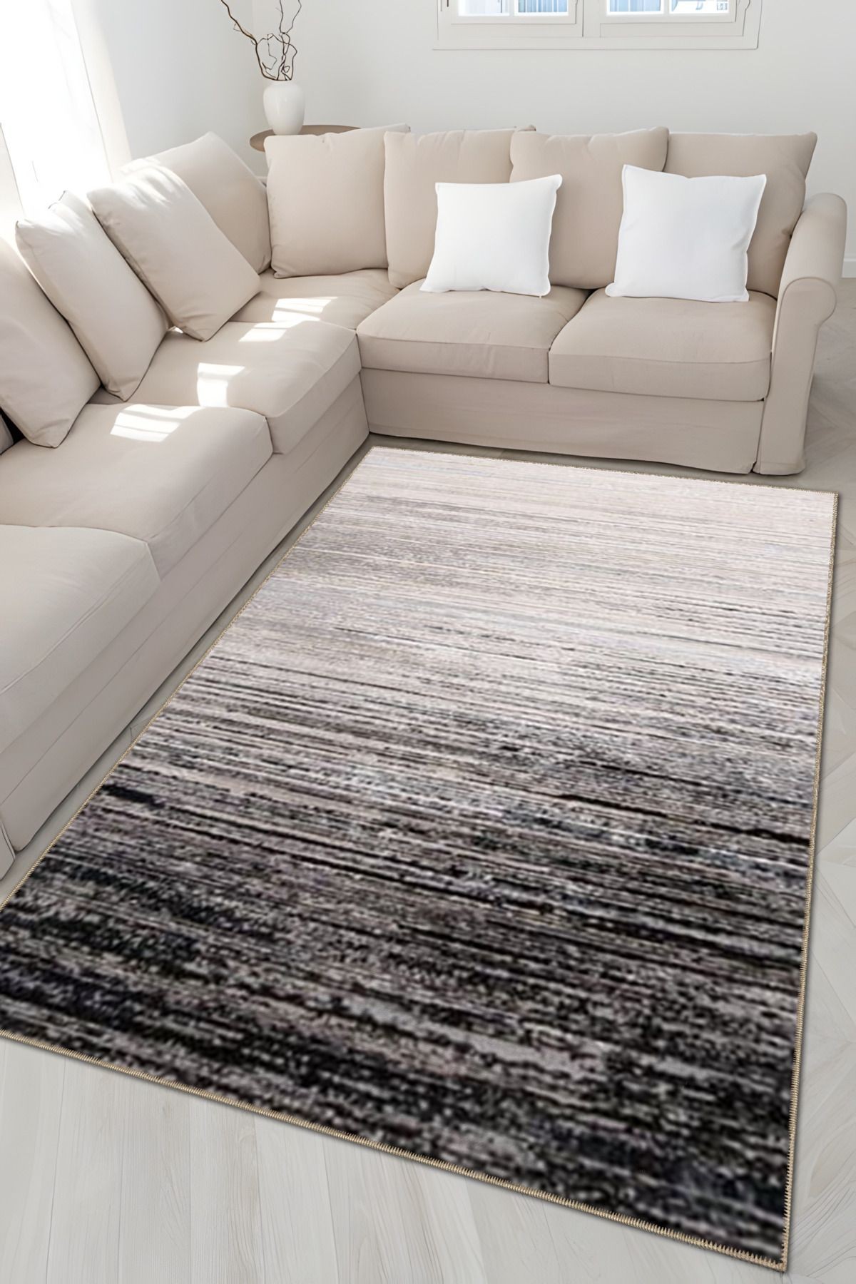 Gri Temalı Çizgili Soyut Desenli Kreatif Modern Dekoratif Halı 5018