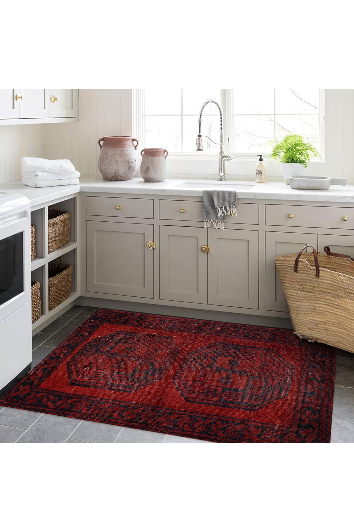 Asena Koleksiyonu Kırmızı Temalı Geleneksel Motif Desenli Vintage Dekoratif Halı 05